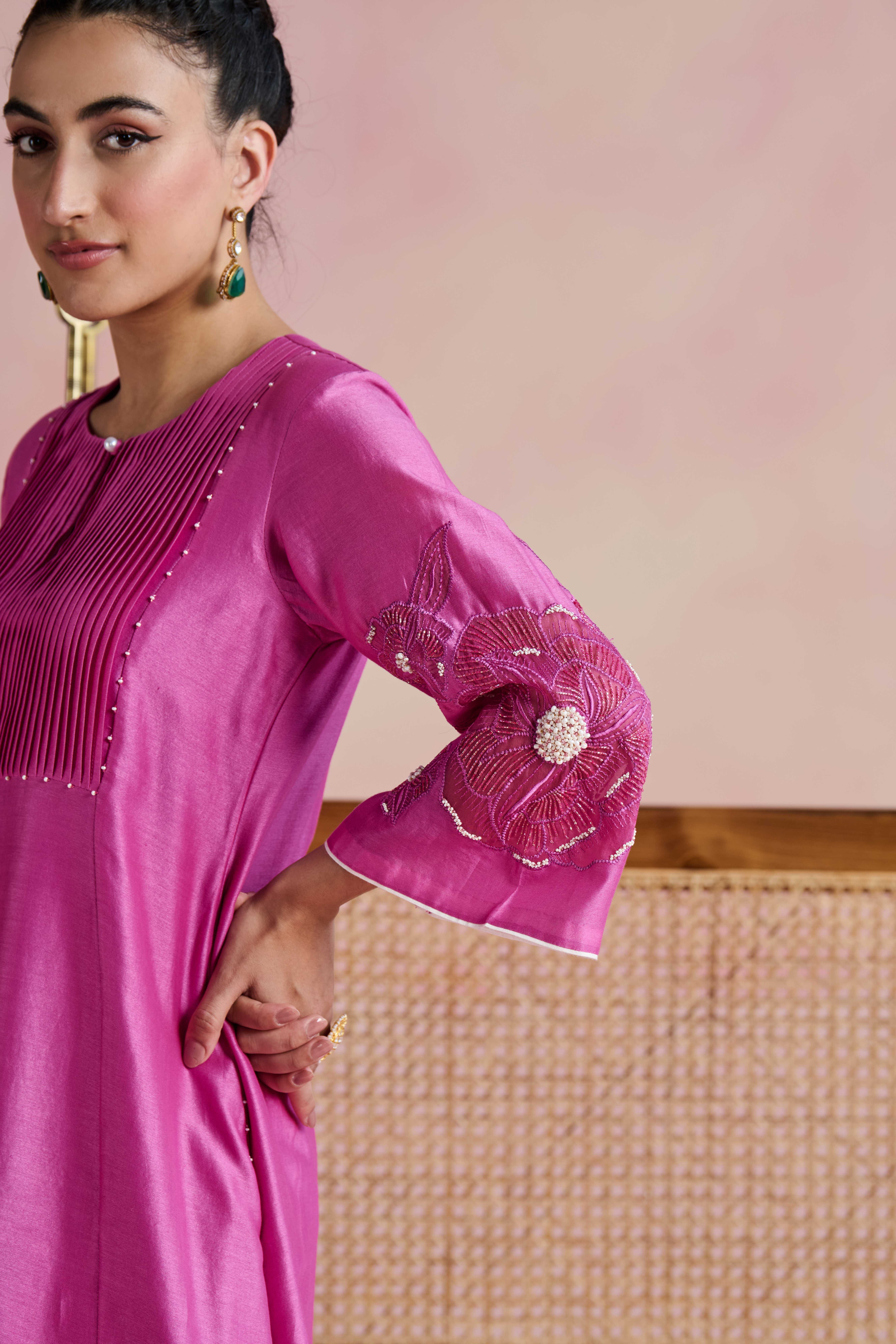 A model showcasing Zil Magenta Pink Kurta With Pants by Nirvair from Nirvair's collection