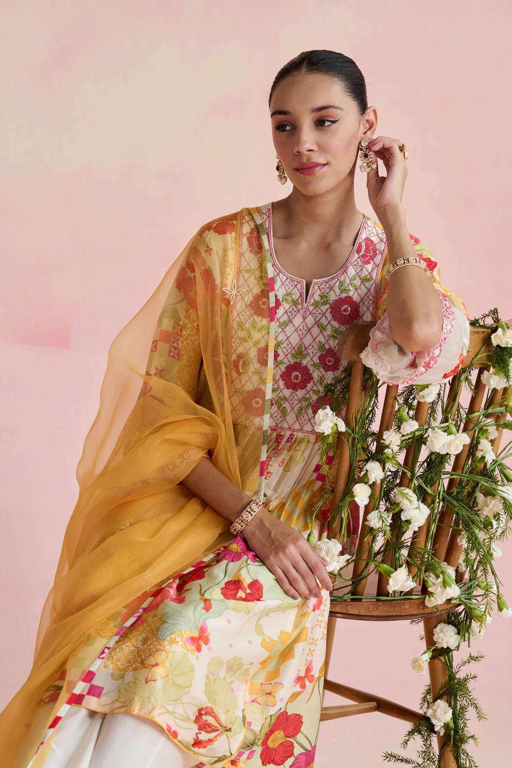 A model showcasing Nirvi Yellow Pure Organza Dupatta Feature image by Nirvair from Nirvair's collection