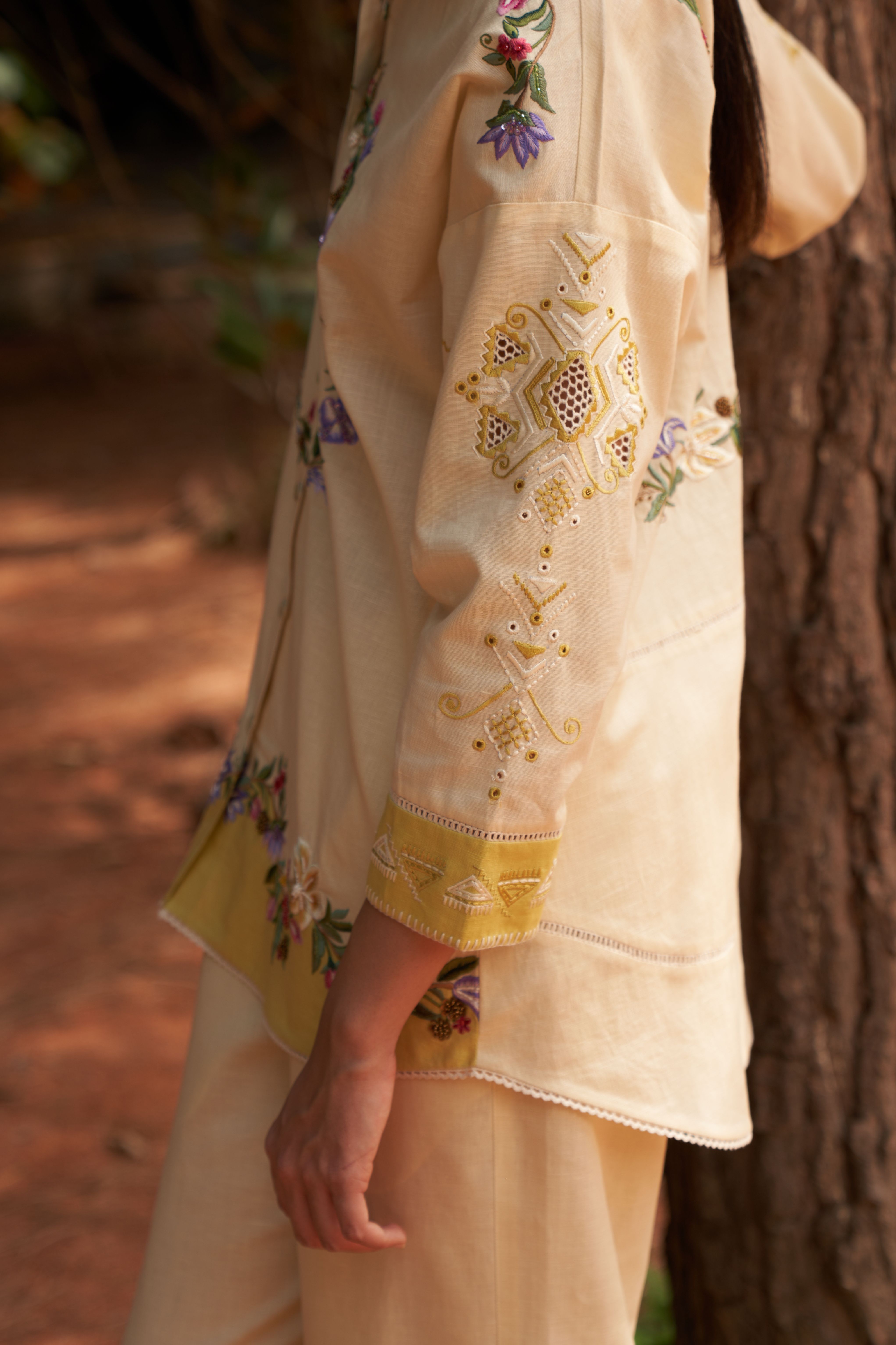 A model showcasing Lily Cream Lime Coord Set by Nirvair from Nirvair's collection