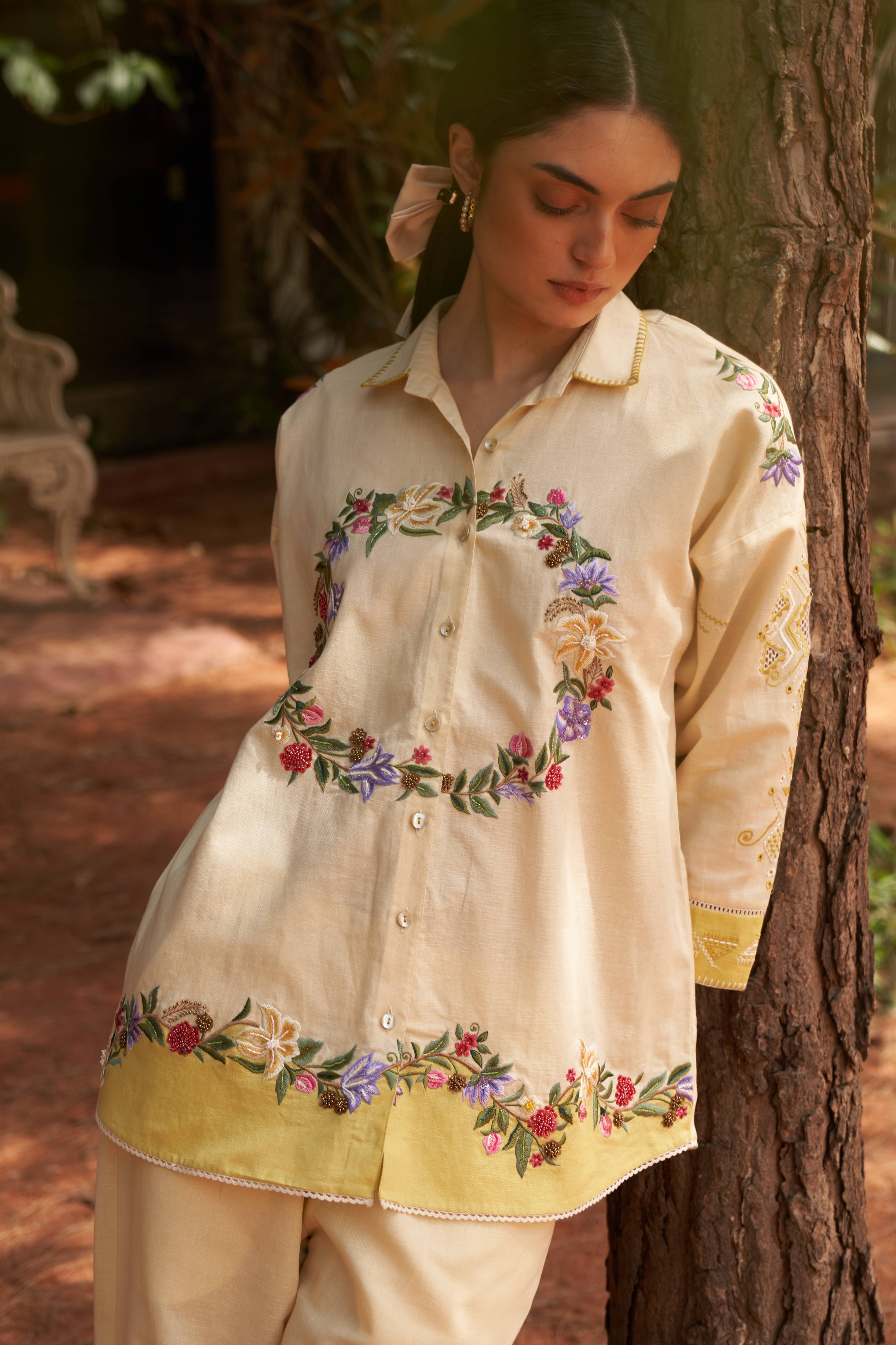 A model showcasing Lily Cream Lime Coord Set by Nirvair from Nirvair's collection