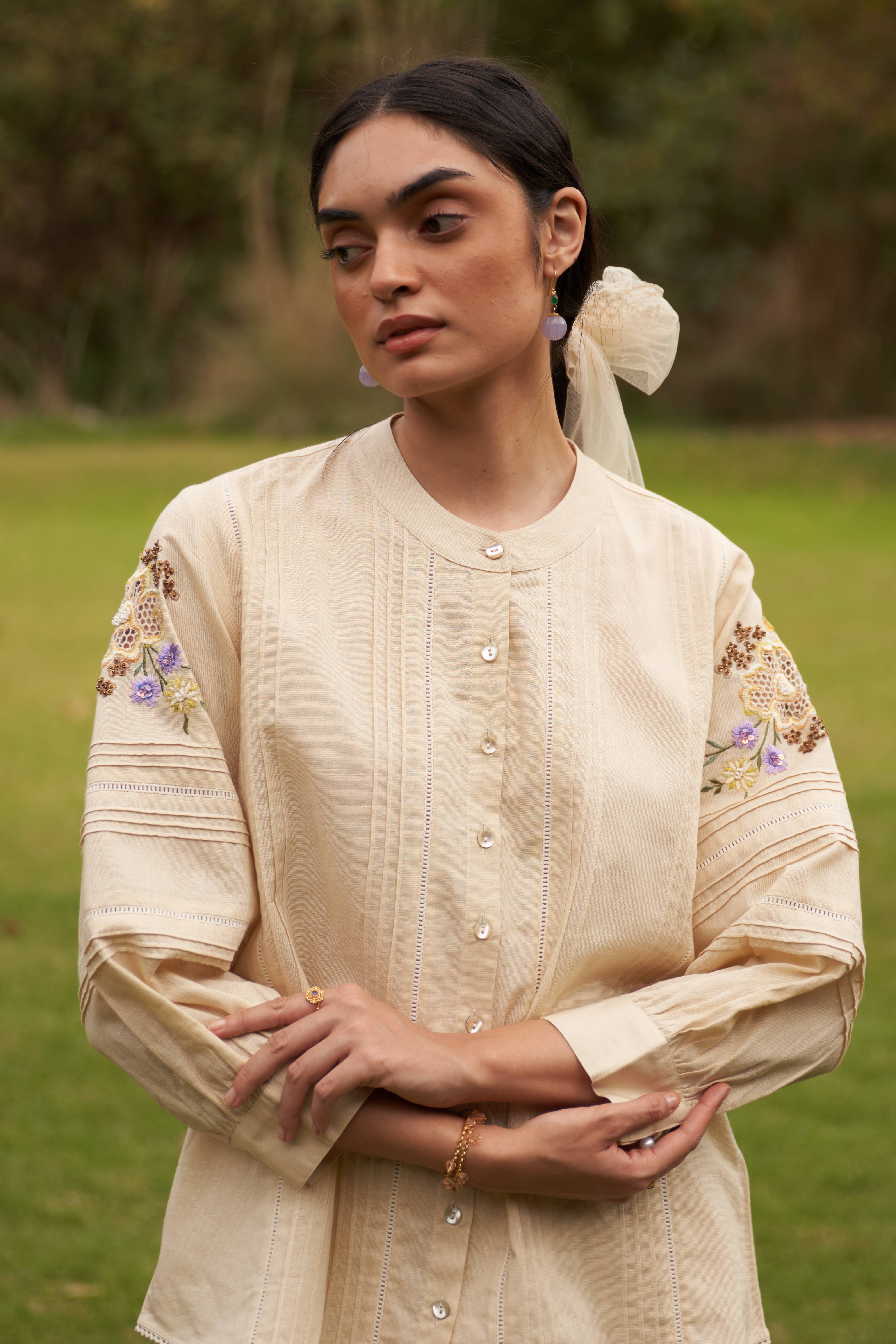 A model showcasing Peony Cream Coord Set by Nirvair from Nirvair's collection