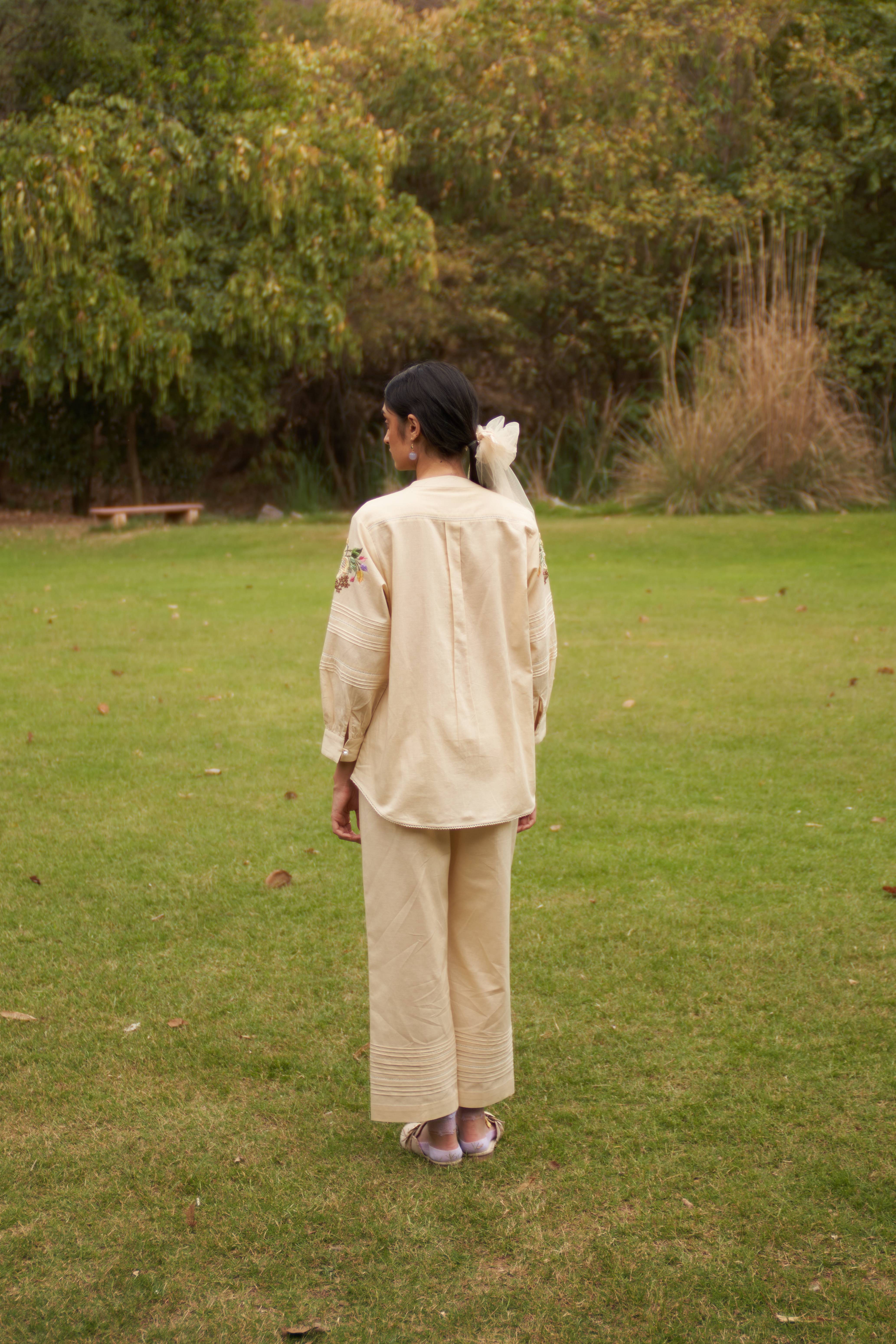 A model showcasing Peony Cream Coord Set by Nirvair from Nirvair's collection