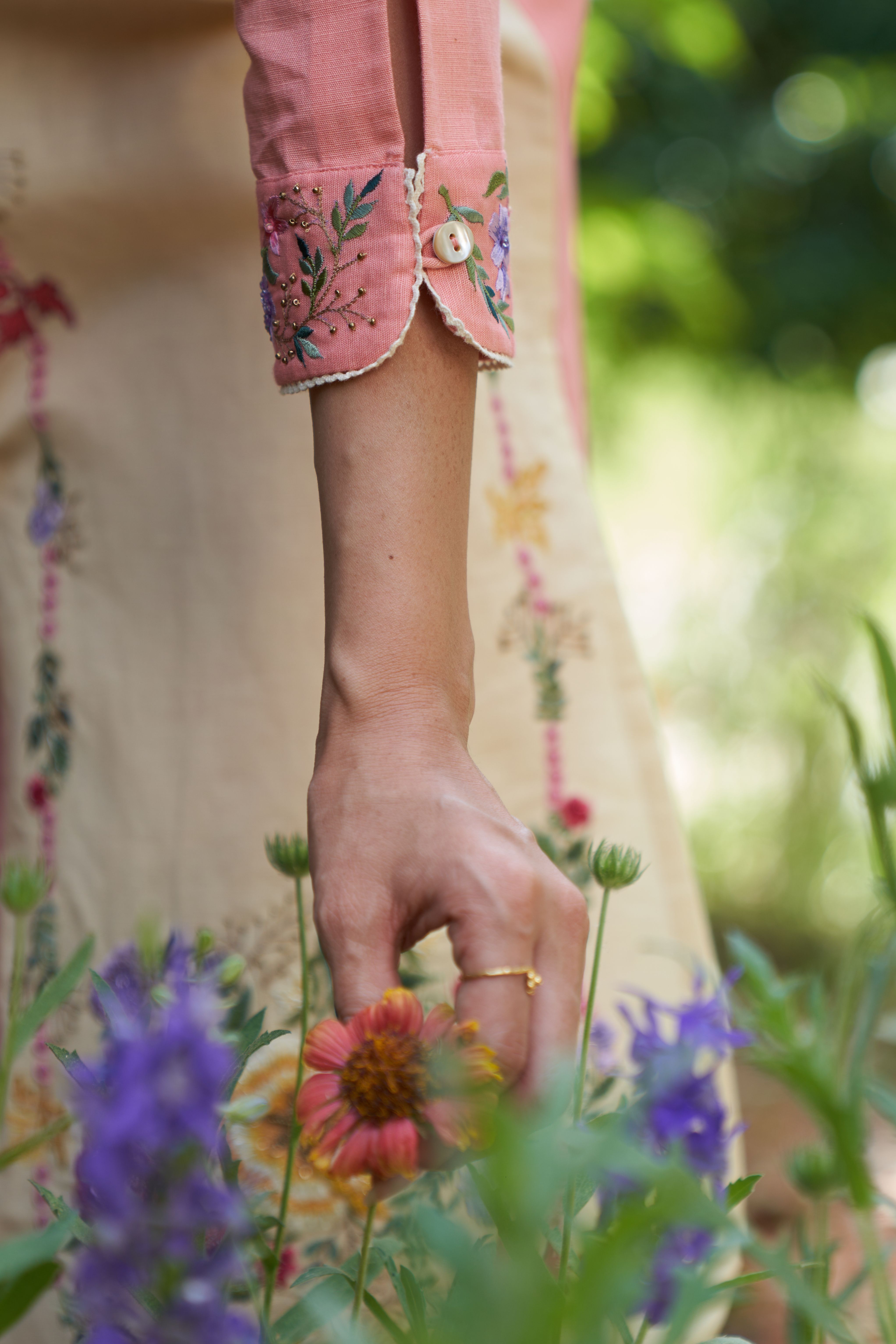 A model showcasing Tulip Rose Pink Kurta Set by Nirvair from Nirvair's collection