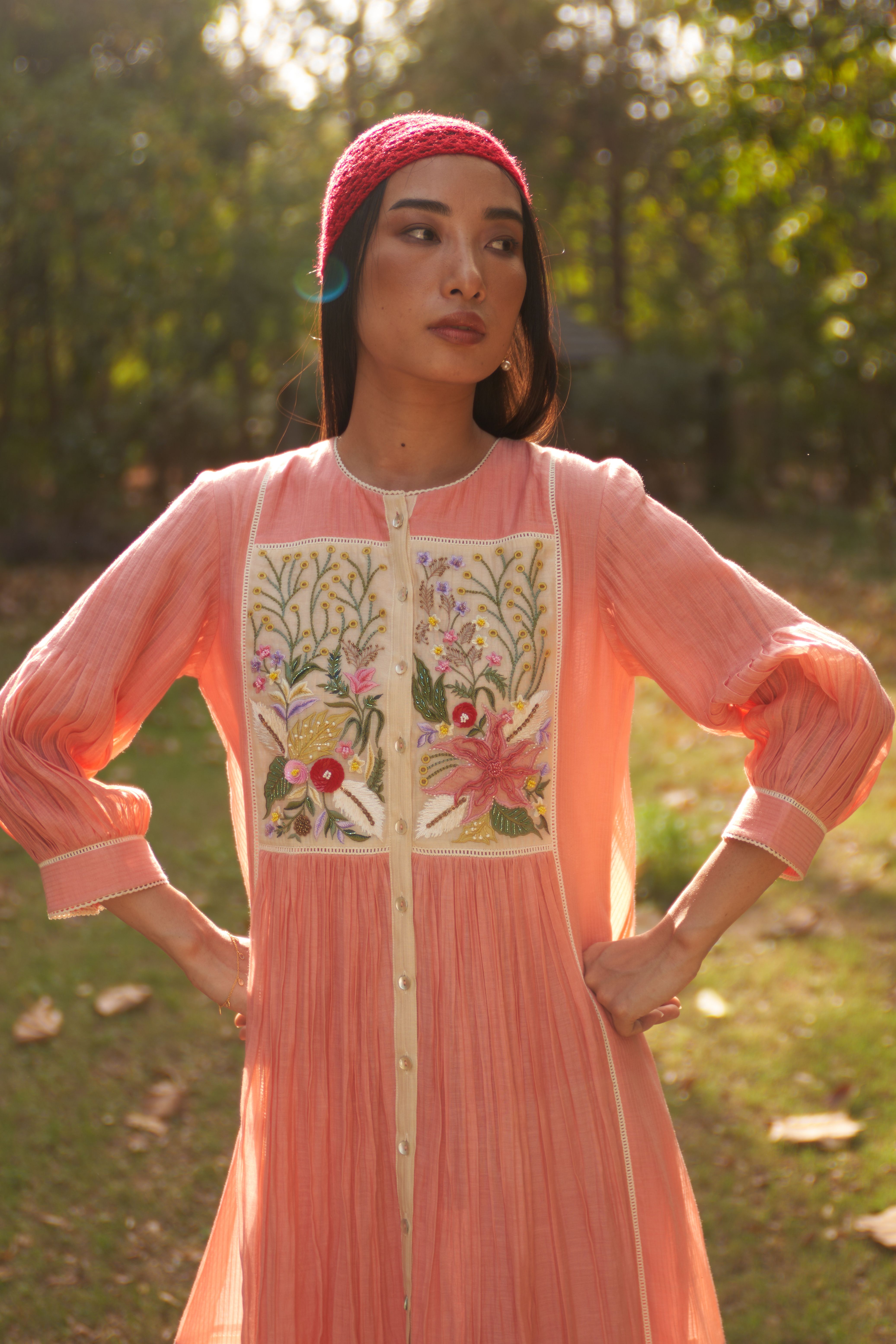A model showcasing Jasmine Embroidered Dress by Nirvair from Nirvair's collection