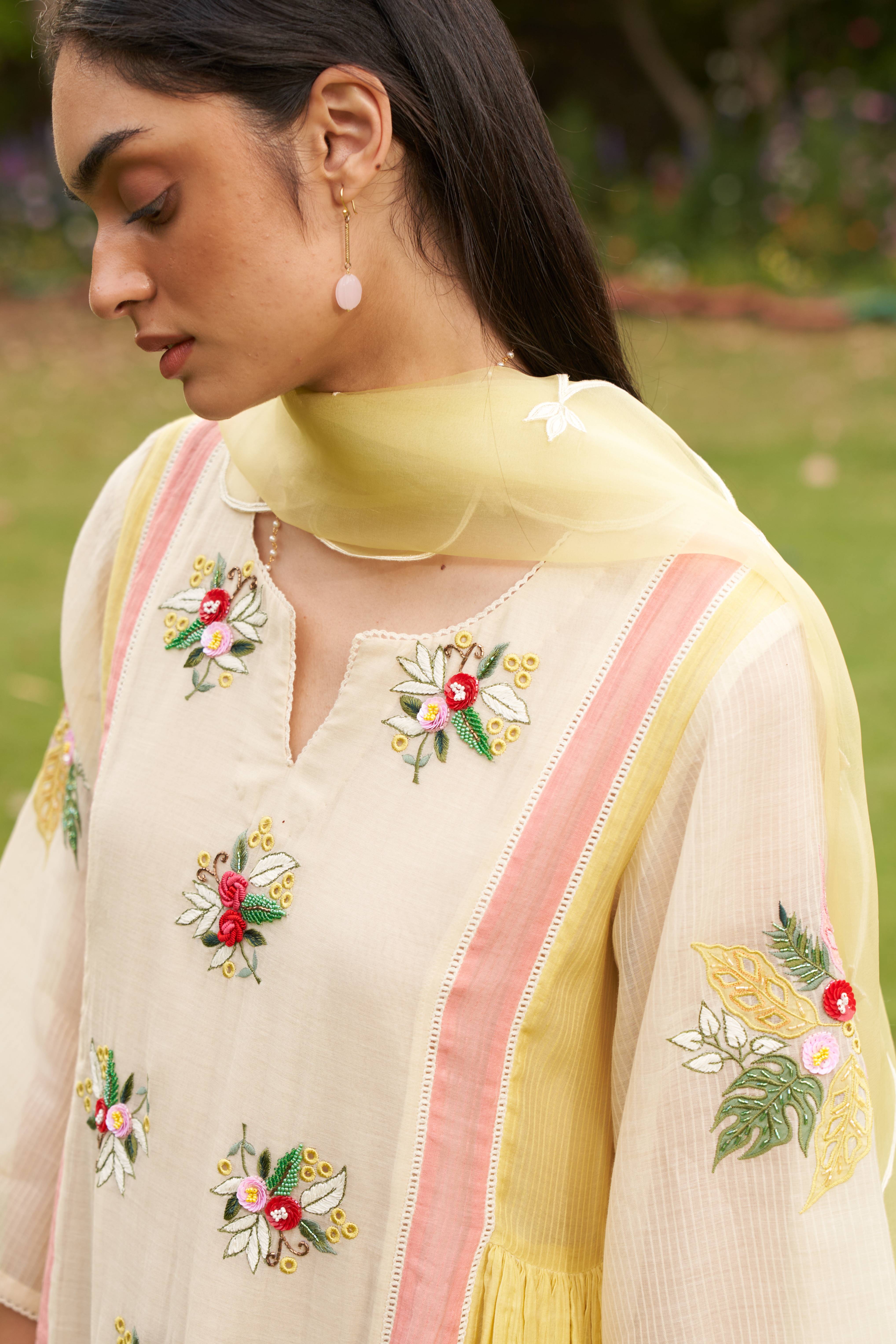 A model showcasing Forgetmenot Kurta Suit by Nirvair from Nirvair's collection