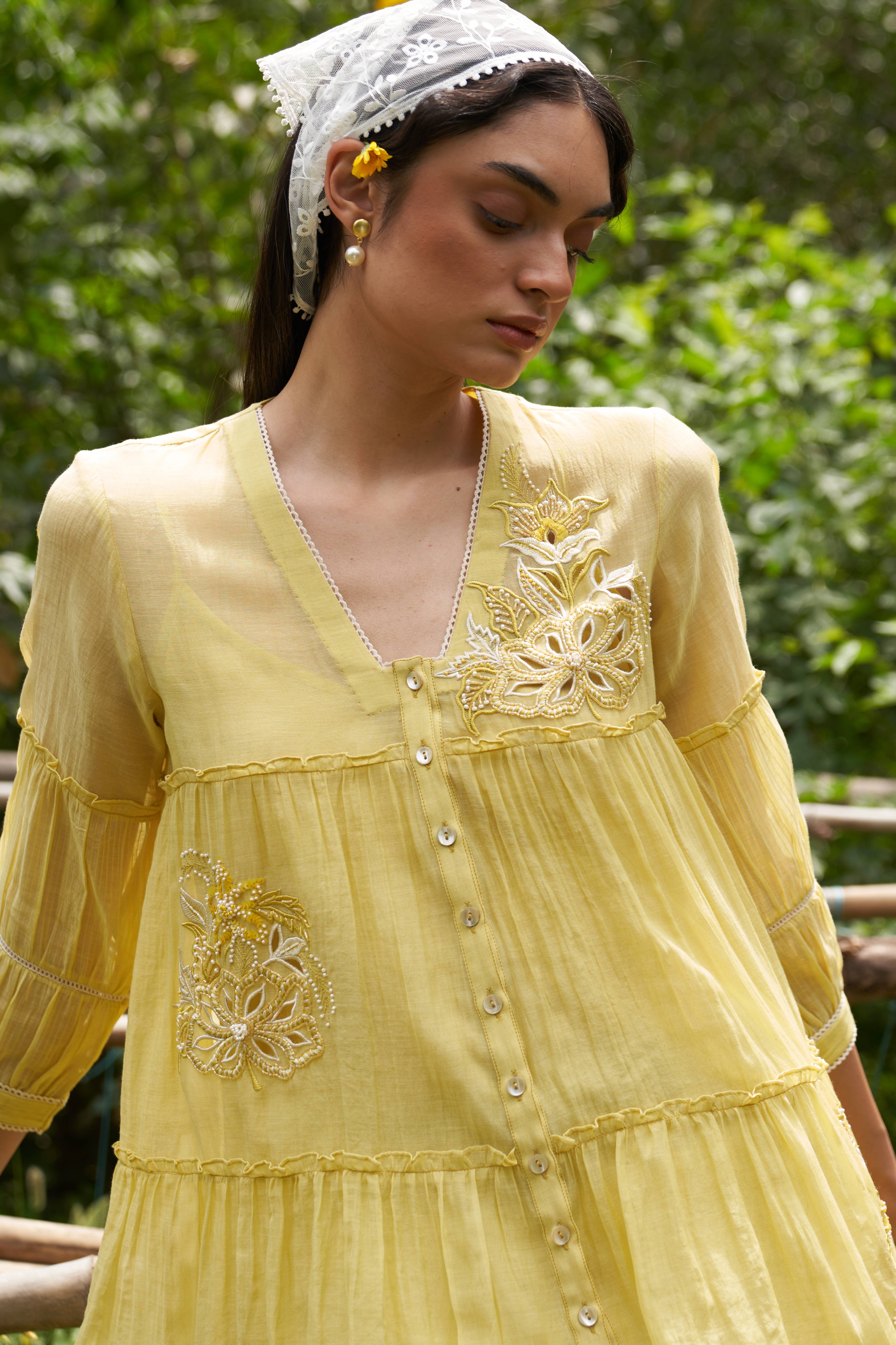 A model showcasing Magnolia Lemon Zest Coord Set by Nirvair from Nirvair's collection