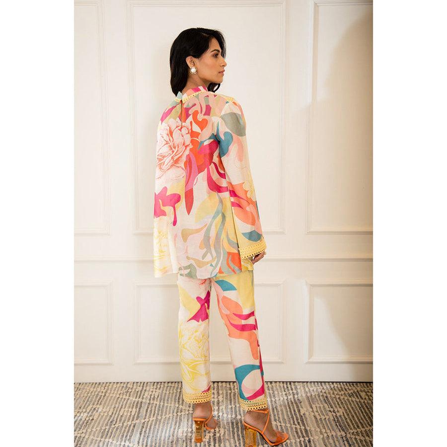 A model showcasing Multicolor Floral Printed Coord Set by Varun Bahl from Varun Bahl's collection A model showcasing Multicolor Floral Printed Coord Set by Varun Bahl from Varun Bahl's collection