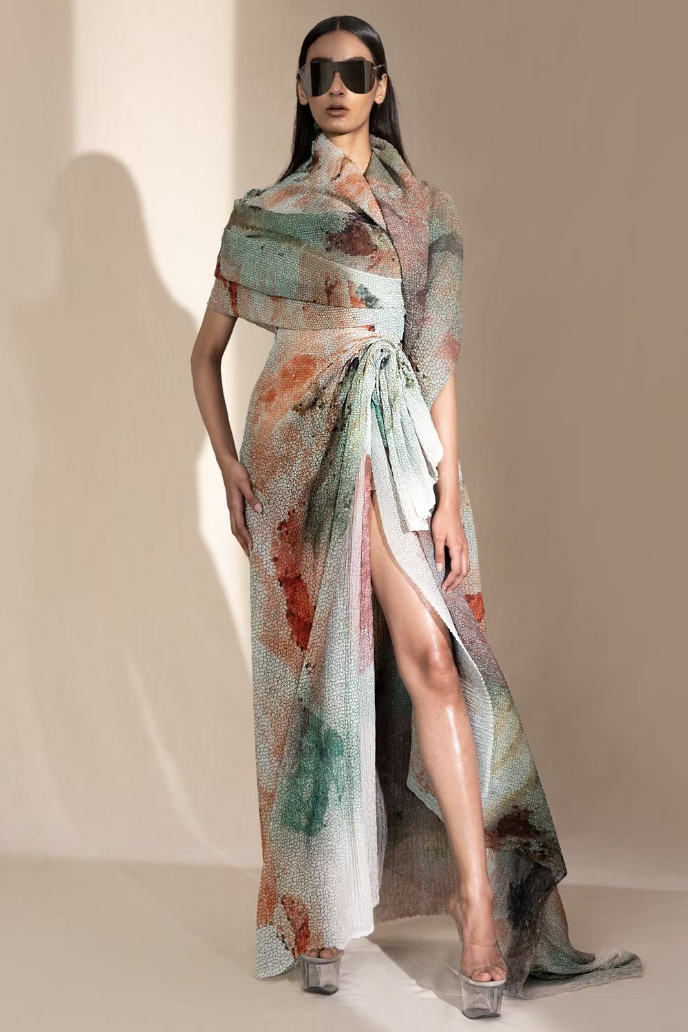 A model showcasing Crystal Patelete Printed Draped Top by Abhishek Sharma from Abhishek Sharma's collection A model showcasing Crystal Patelete Printed Draped Top by Abhishek Sharma from Abhishek Sharma's collection
