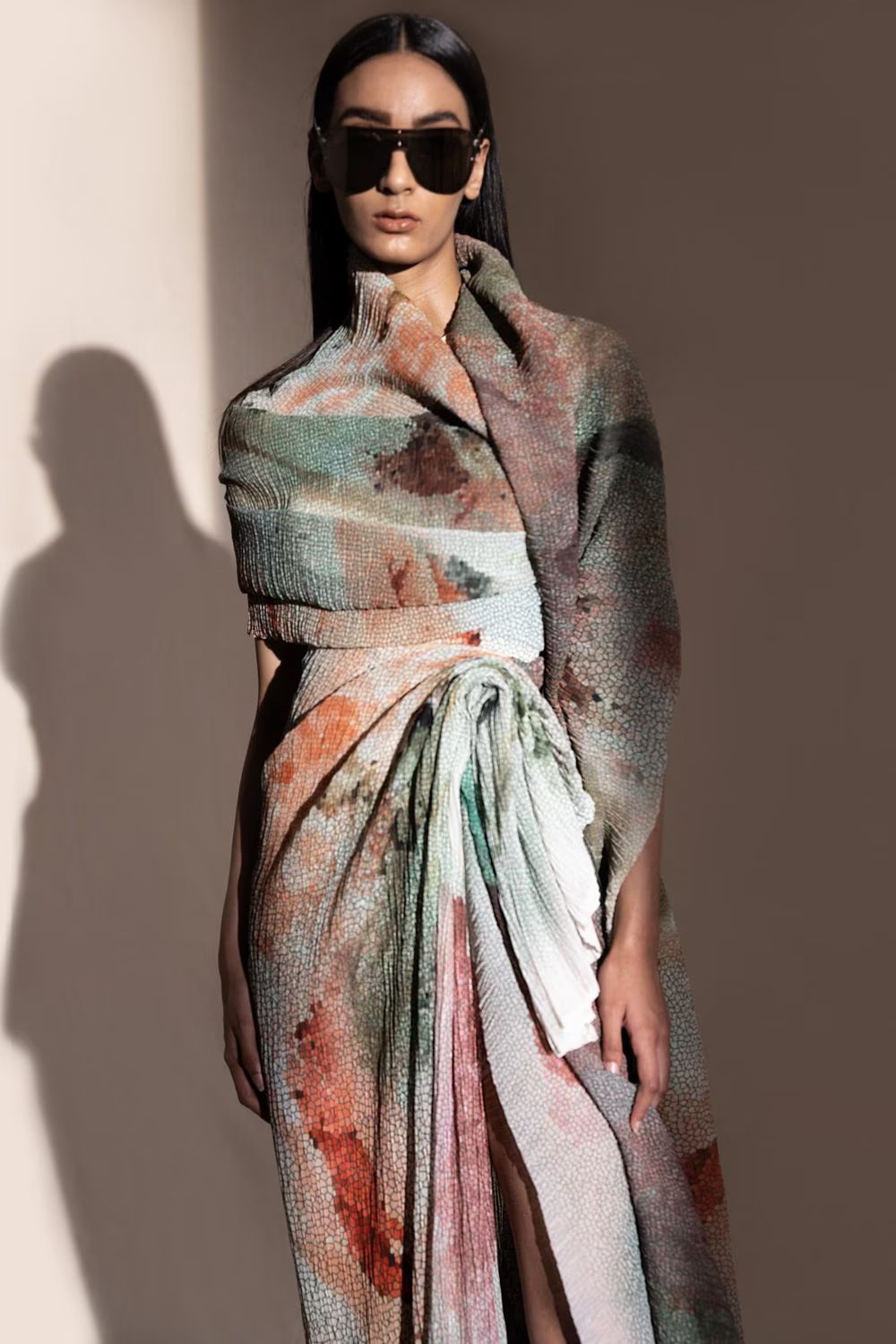 A model showcasing Crystal Patelete Printed Draped Top Feature image by Abhishek Sharma from Abhishek Sharma's collection
