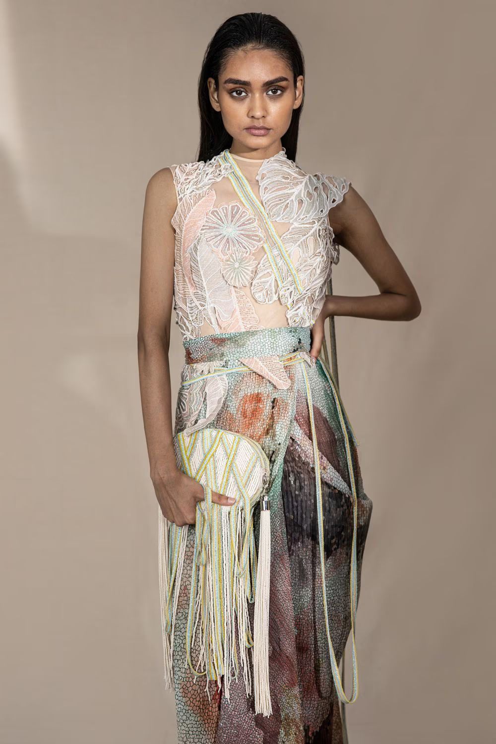 A model showcasing Printed Drape Saree With Pearl Blouse by Abhishek Sharma from Abhishek Sharma's collection A model showcasing Printed Drape Saree With Pearl Blouse by Abhishek Sharma from Abhishek Sharma's collection