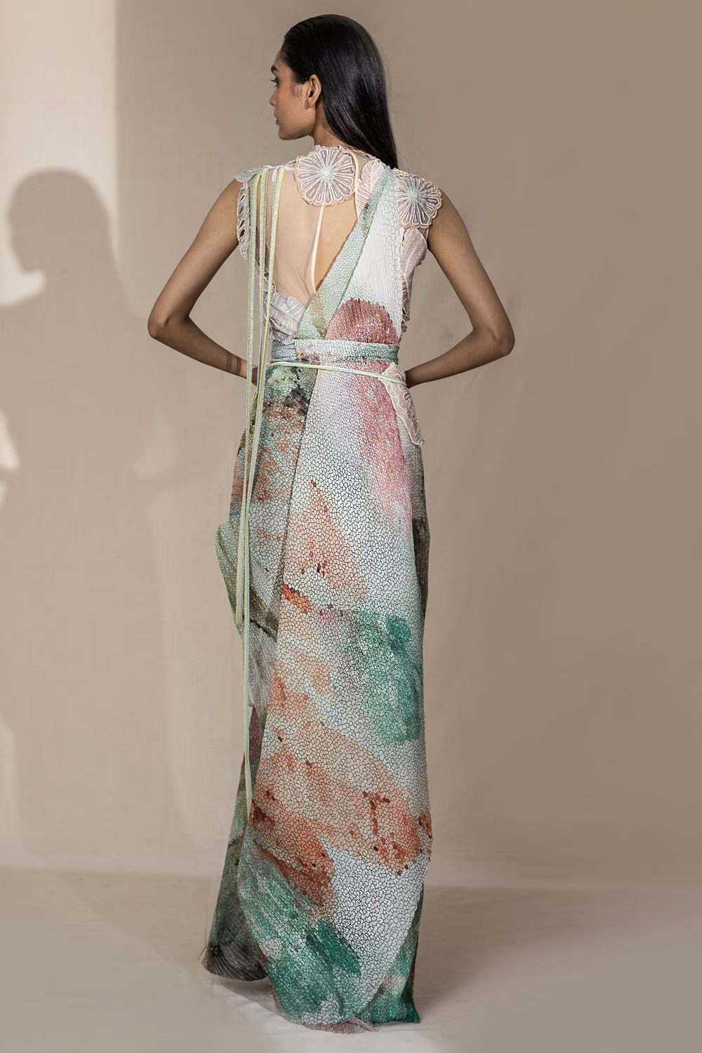 A model showcasing Printed Drape Saree With Pearl Blouse by Abhishek Sharma from Abhishek Sharma's collection A model showcasing Printed Drape Saree With Pearl Blouse by Abhishek Sharma from Abhishek Sharma's collection