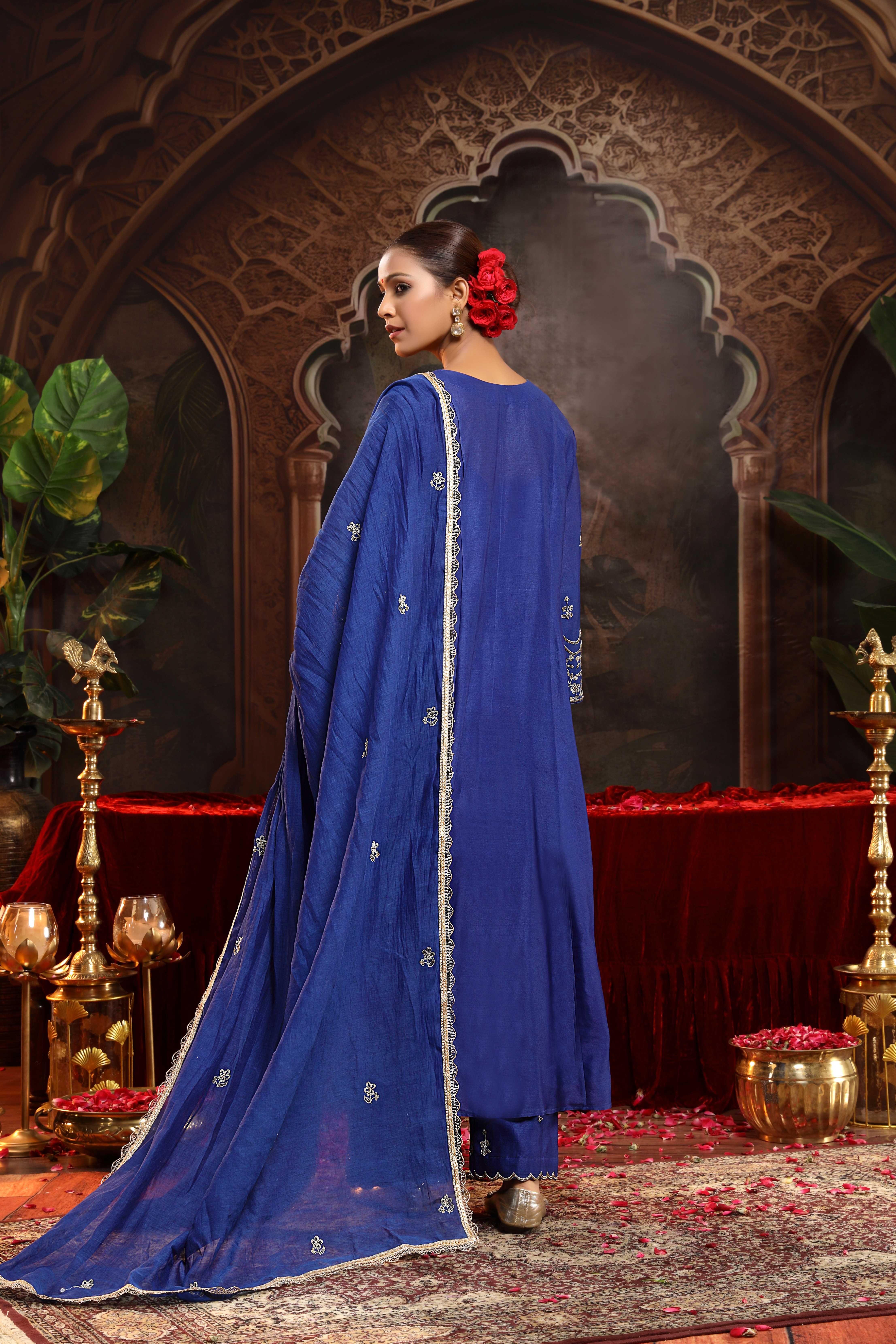 A model showcasing Tanirika Blue Chanderi Silk Suit by Miku Kumar from Miku Kumar's collection