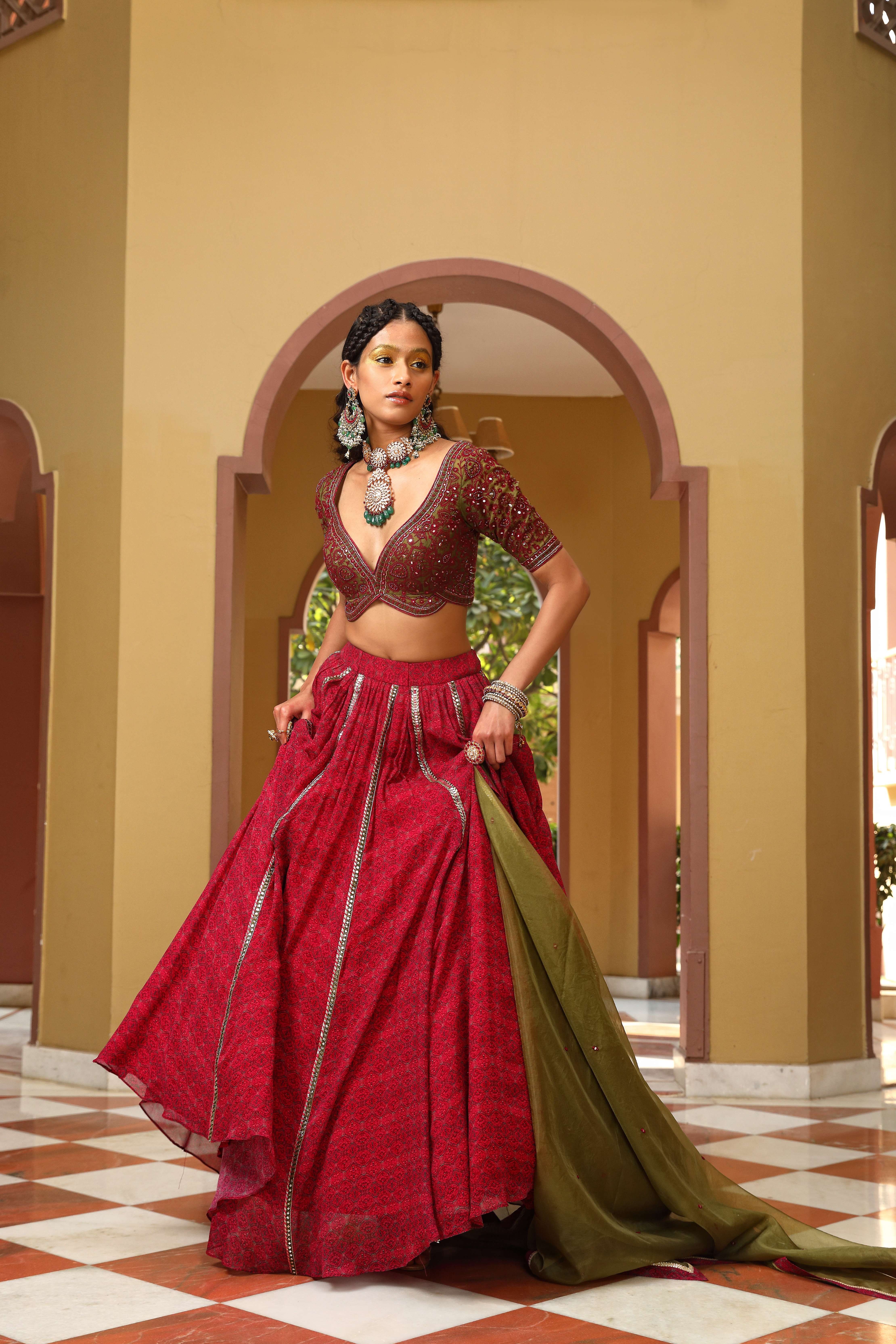 A model showcasing Lehenga Choli Set by Mavish from Mavish's collection