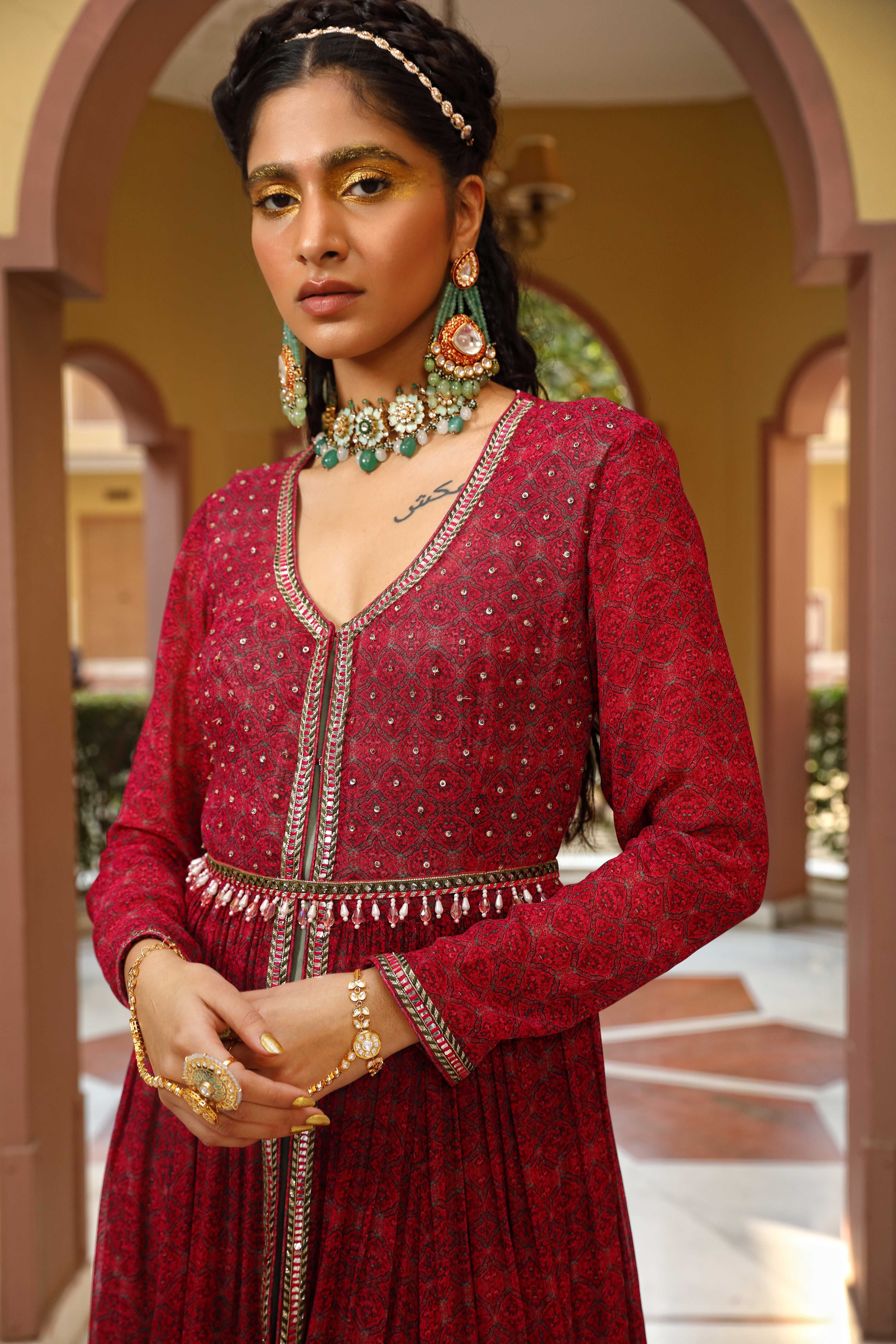A model showcasing Printed Jacket Anarkali Set by Mavish from Mavish's collection