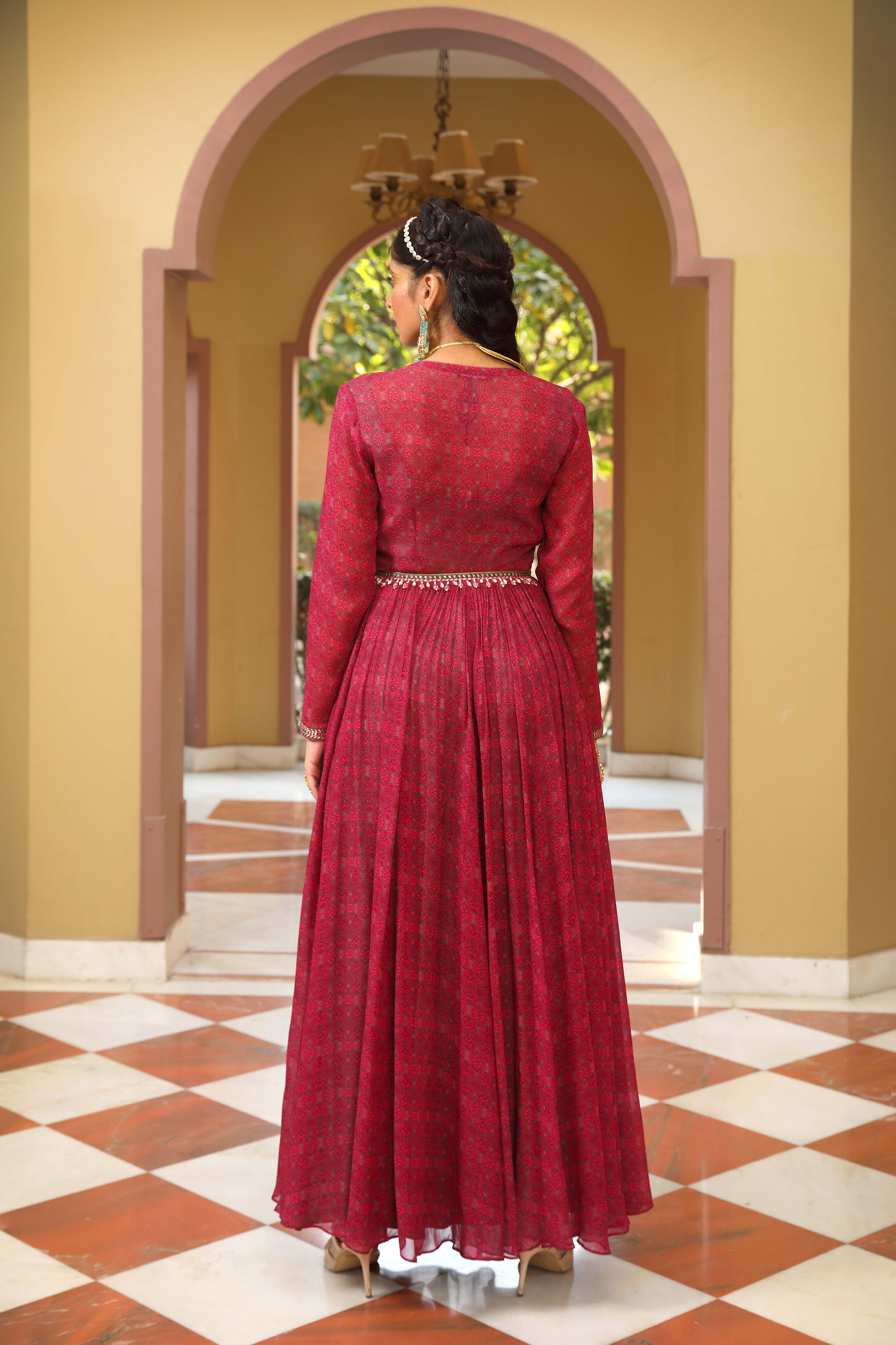 A model showcasing Printed Jacket Anarkali Set by Mavish from Mavish's collection