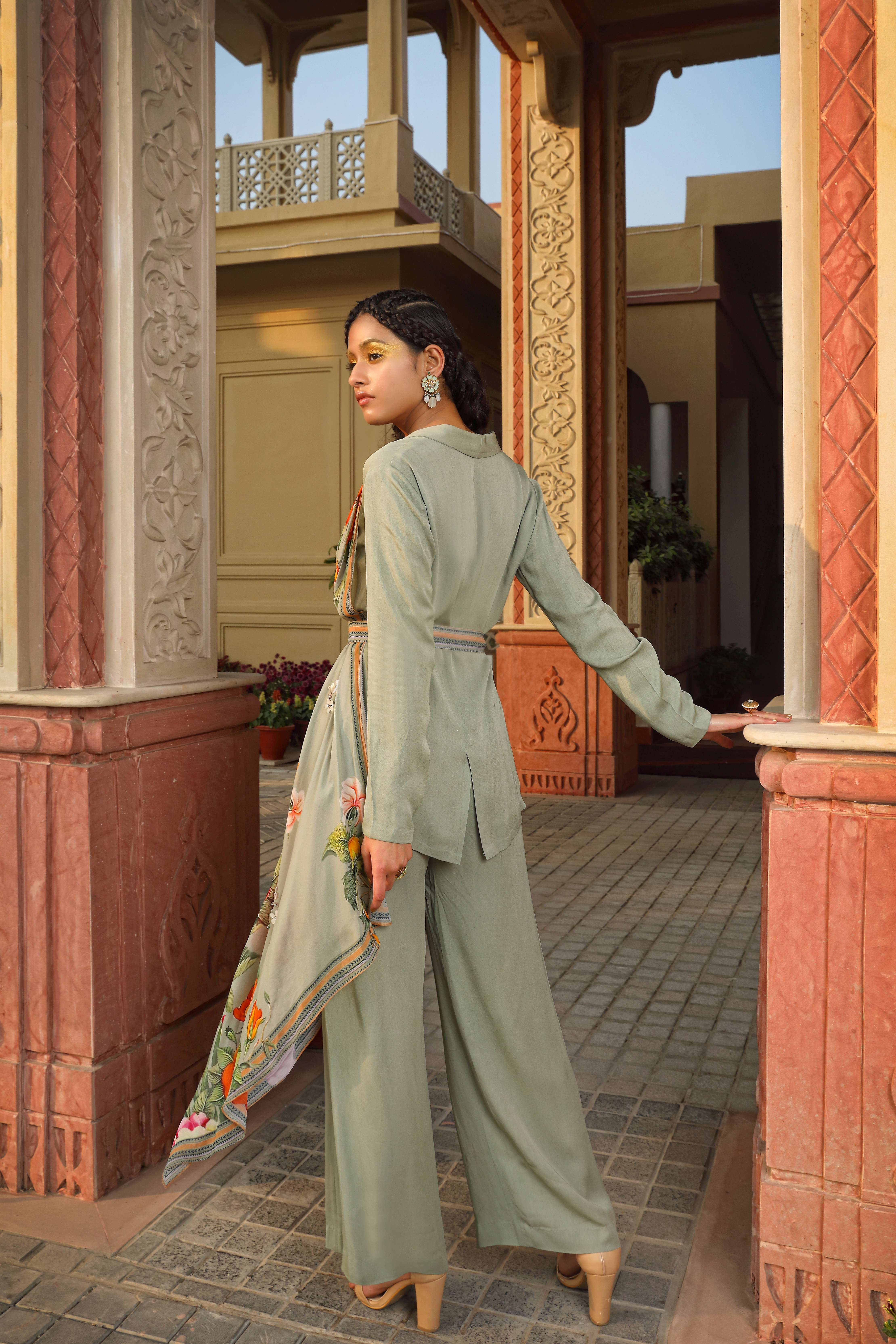A model showcasing Draped Coord Set by Mavish from Mavish's collection
