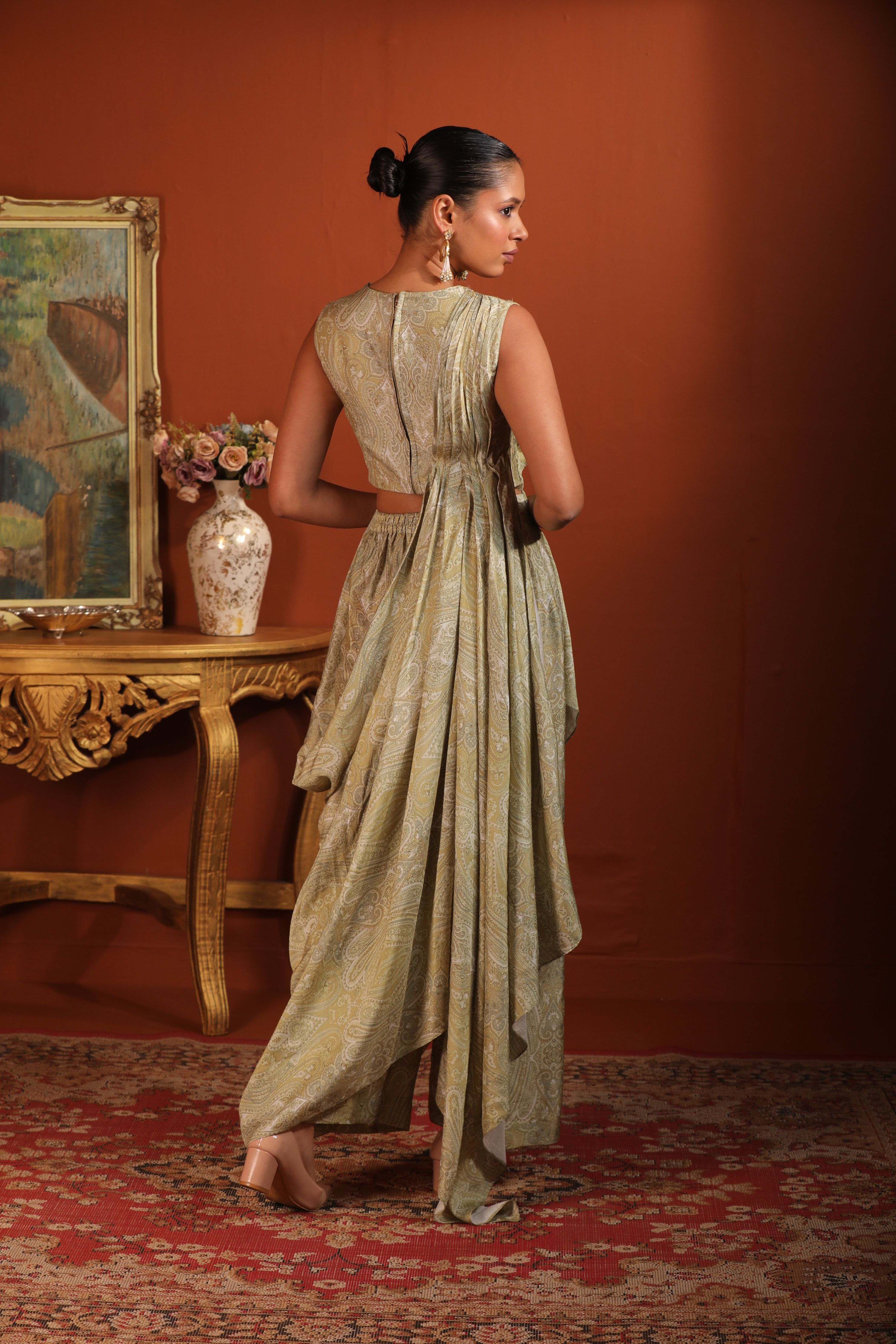 A model showcasing Sage Green Draped Coord Set by Mavish from Mavish's collection