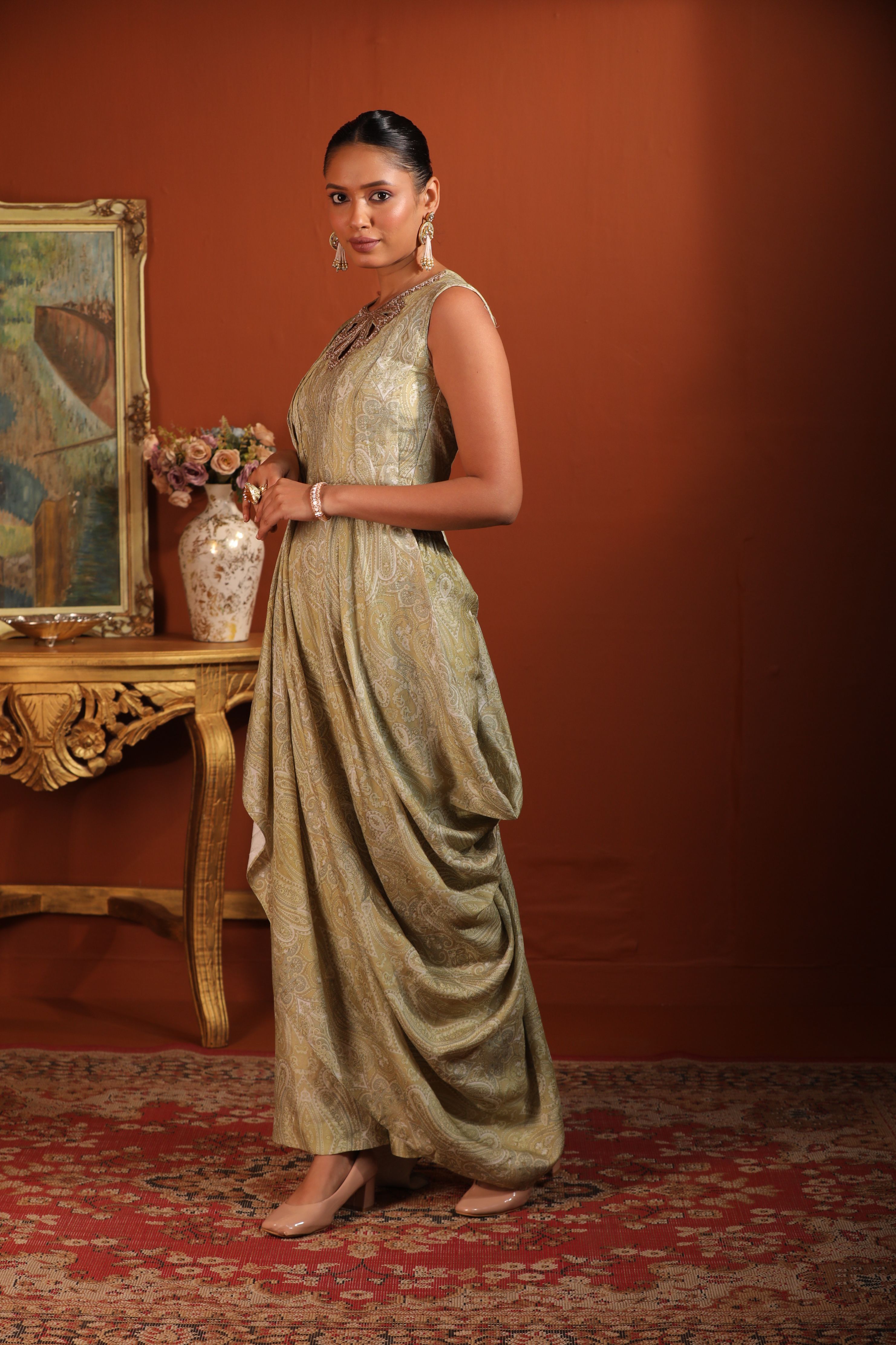 A model showcasing Sage Green Draped Coord Set by Mavish from Mavish's collection