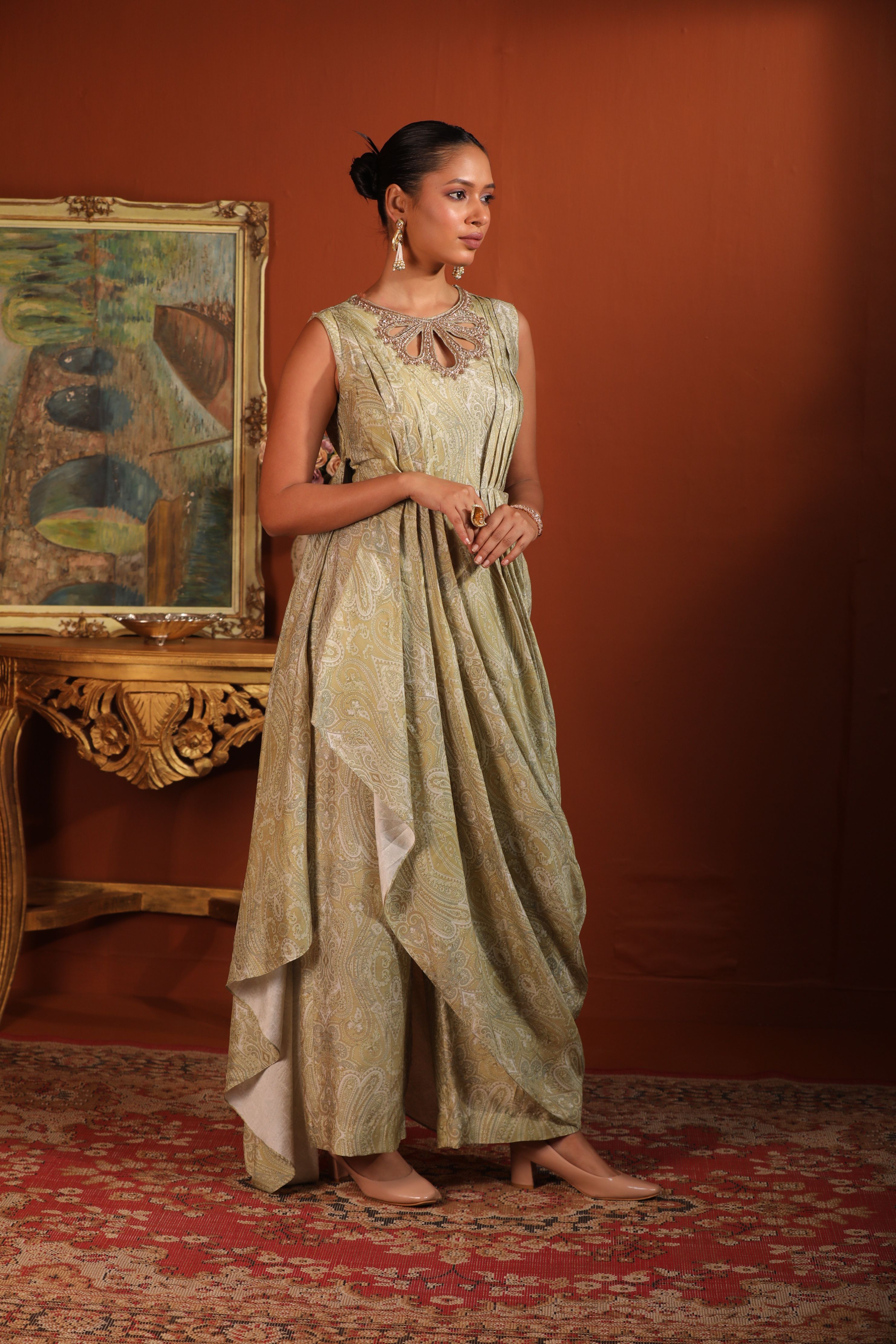 A model showcasing Sage Green Draped Coord Set by Mavish from Mavish's collection