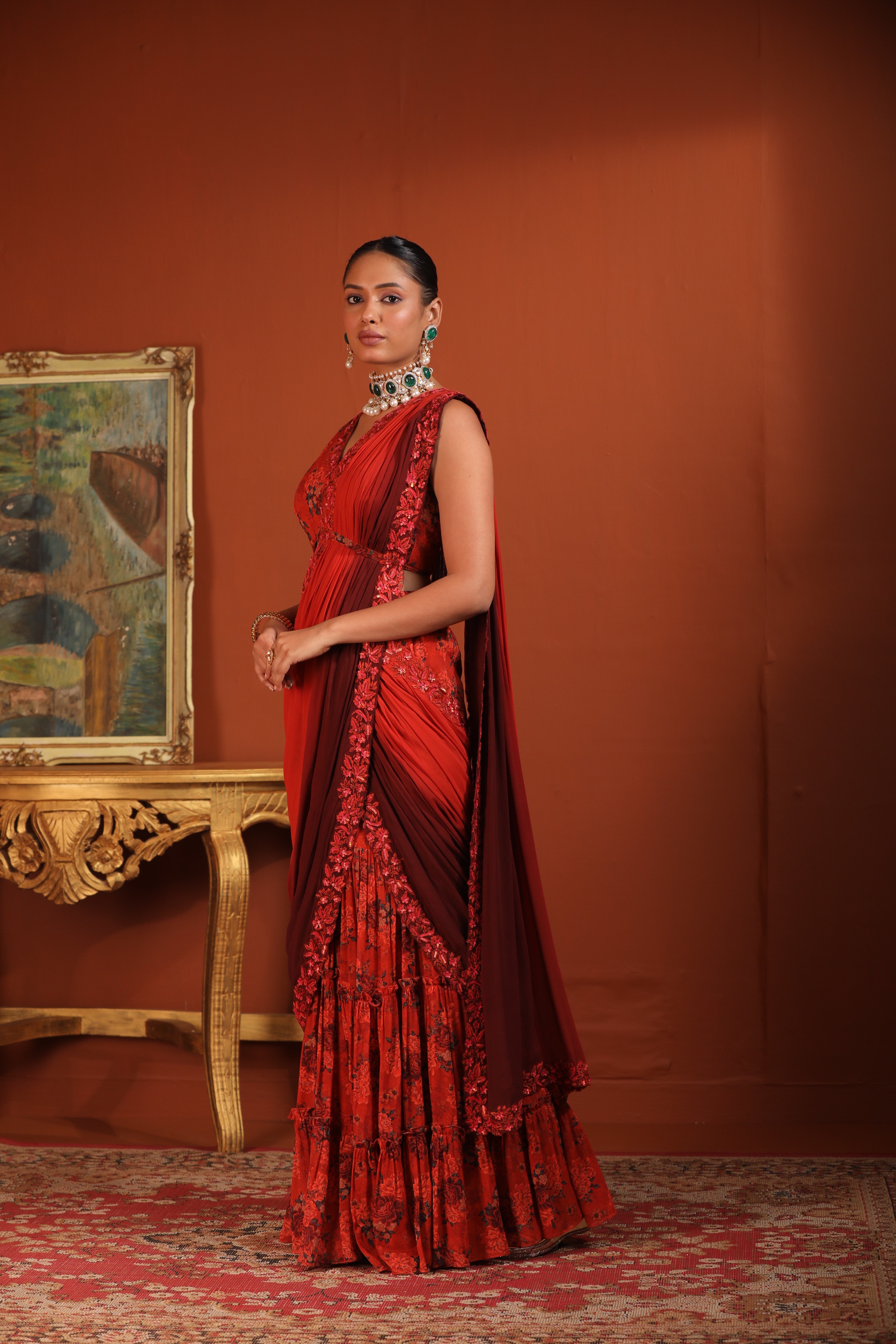 A model showcasing Pre Draped Sharara Saree by Mavish from Mavish's collection