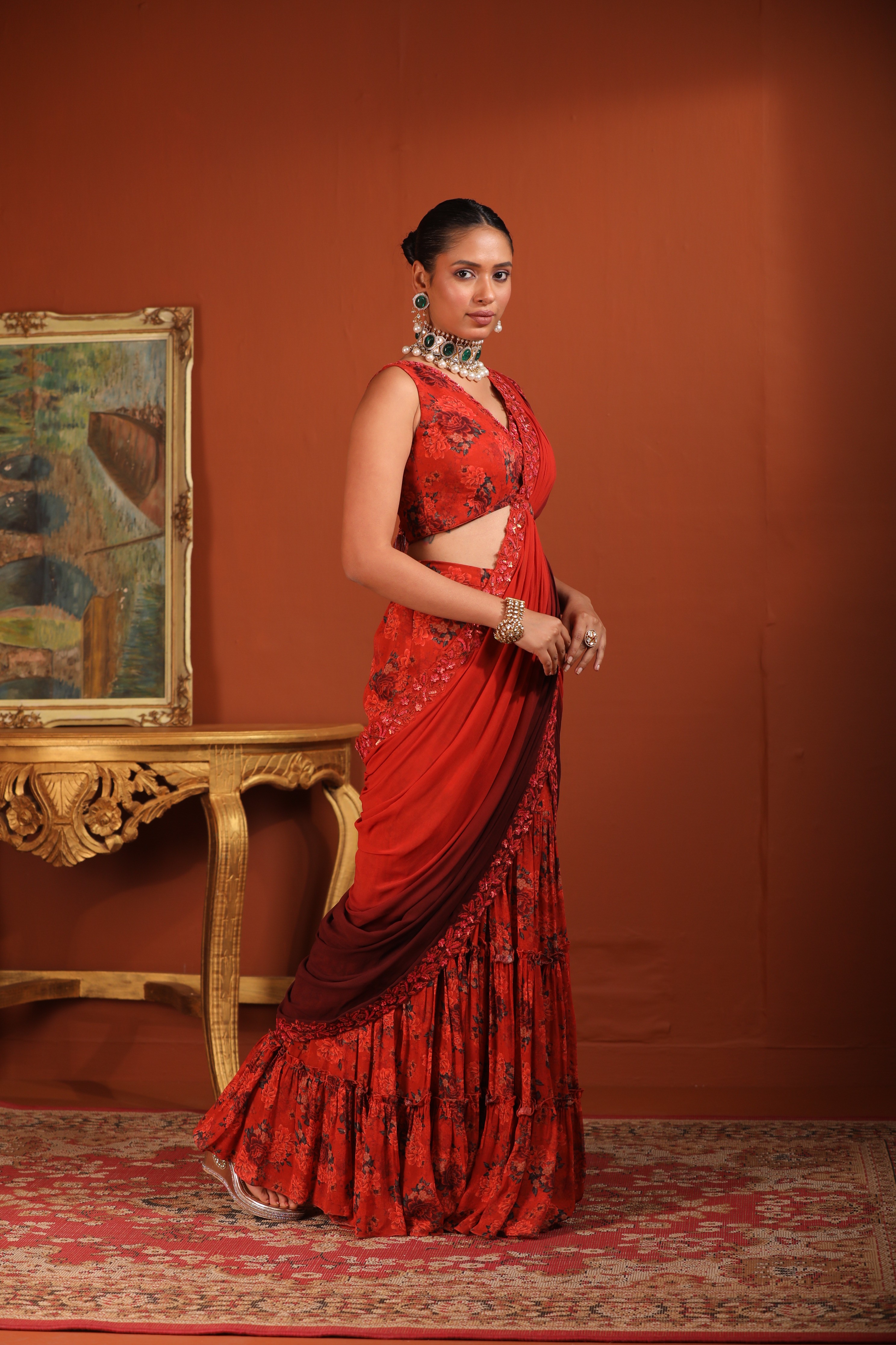 A model showcasing Pre Draped Sharara Saree by Mavish from Mavish's collection