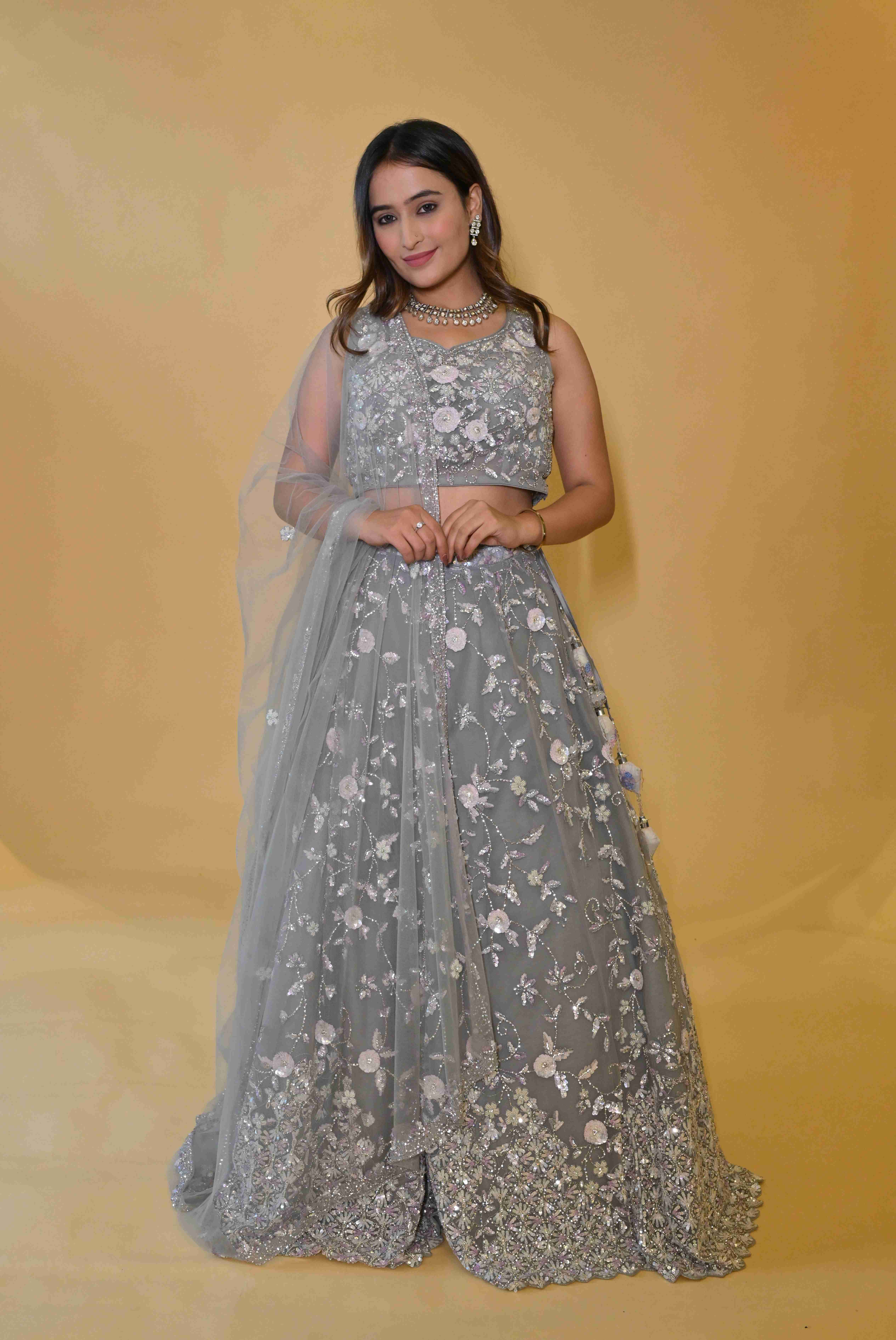 A model showcasing Grey Lehenga Set by Labell Patchouli from Labell Patchouli's collection