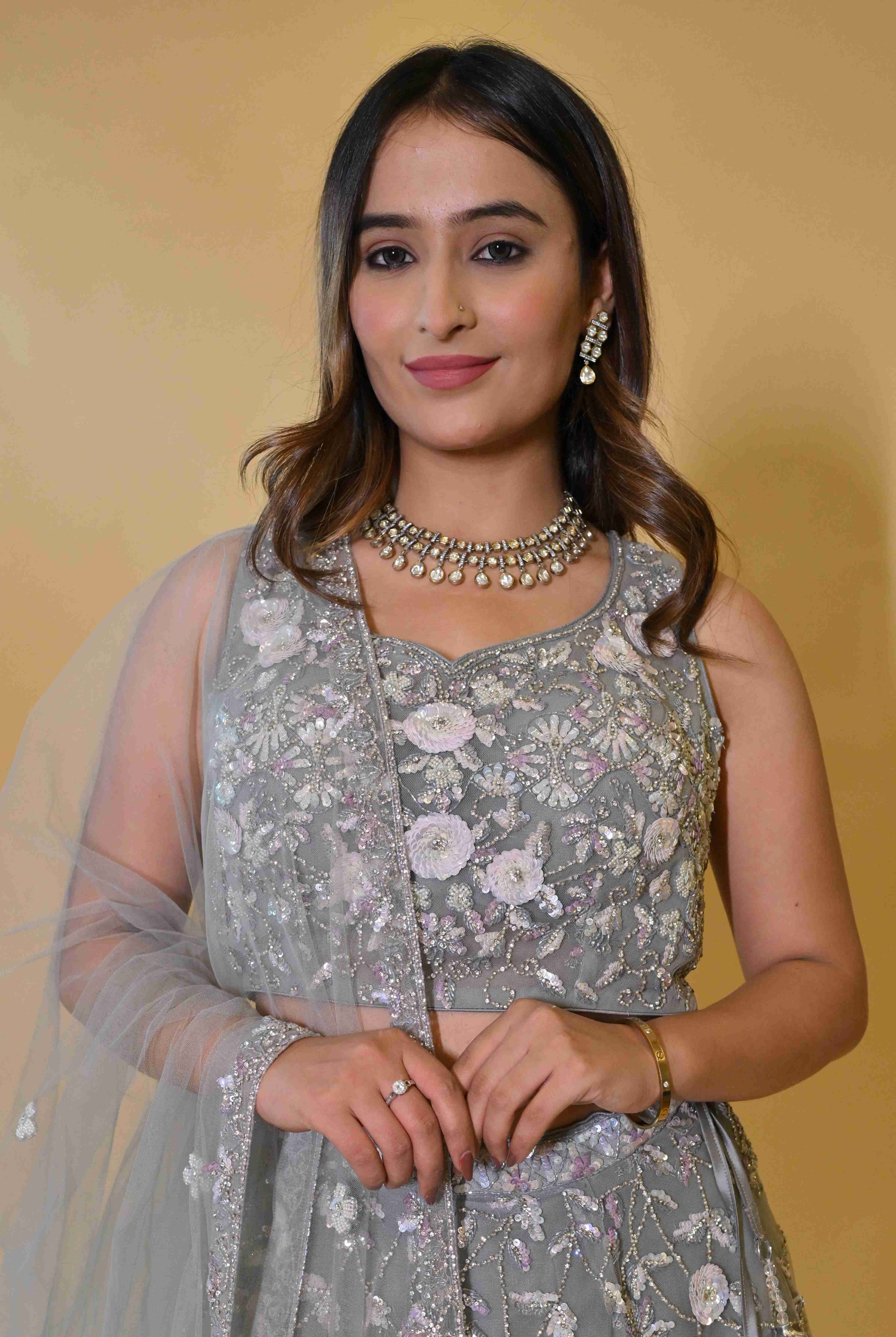A model showcasing Grey Lehenga Set by Labell Patchouli from Labell Patchouli's collection