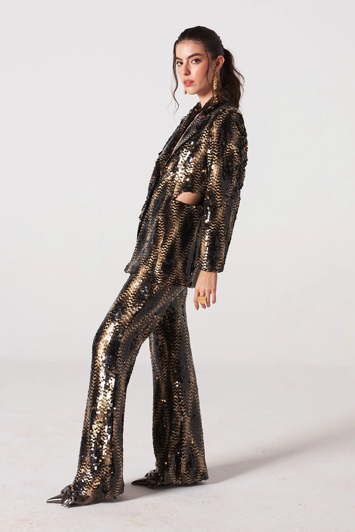 A model showcasing Leopard Sequence Cutout Blazer Set by Puneet Kapoor Label from Puneet Kapoor Label's collection