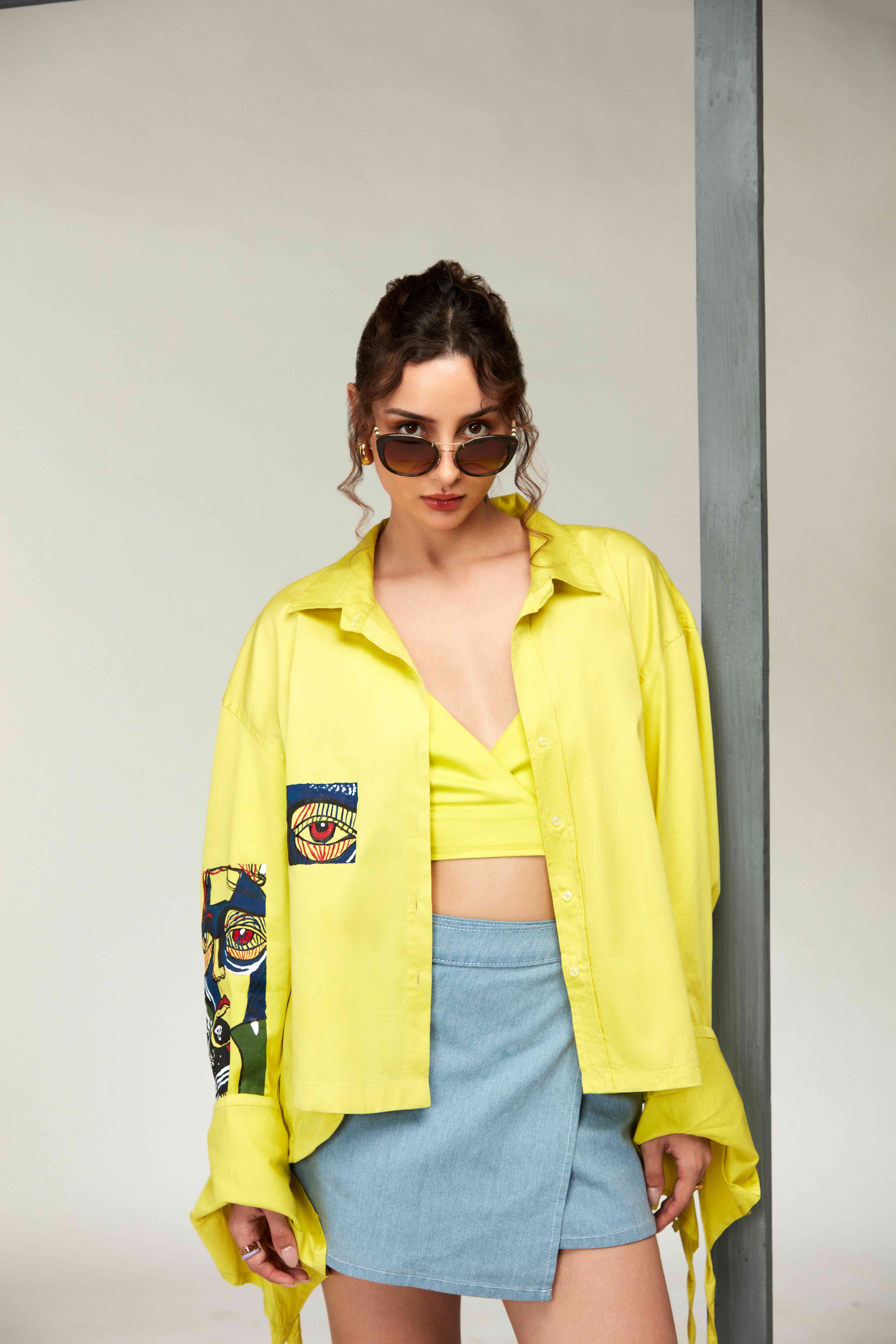A model showcasing Bonny Yellow Heart Shirt by Zilaire from Zilaire's collection