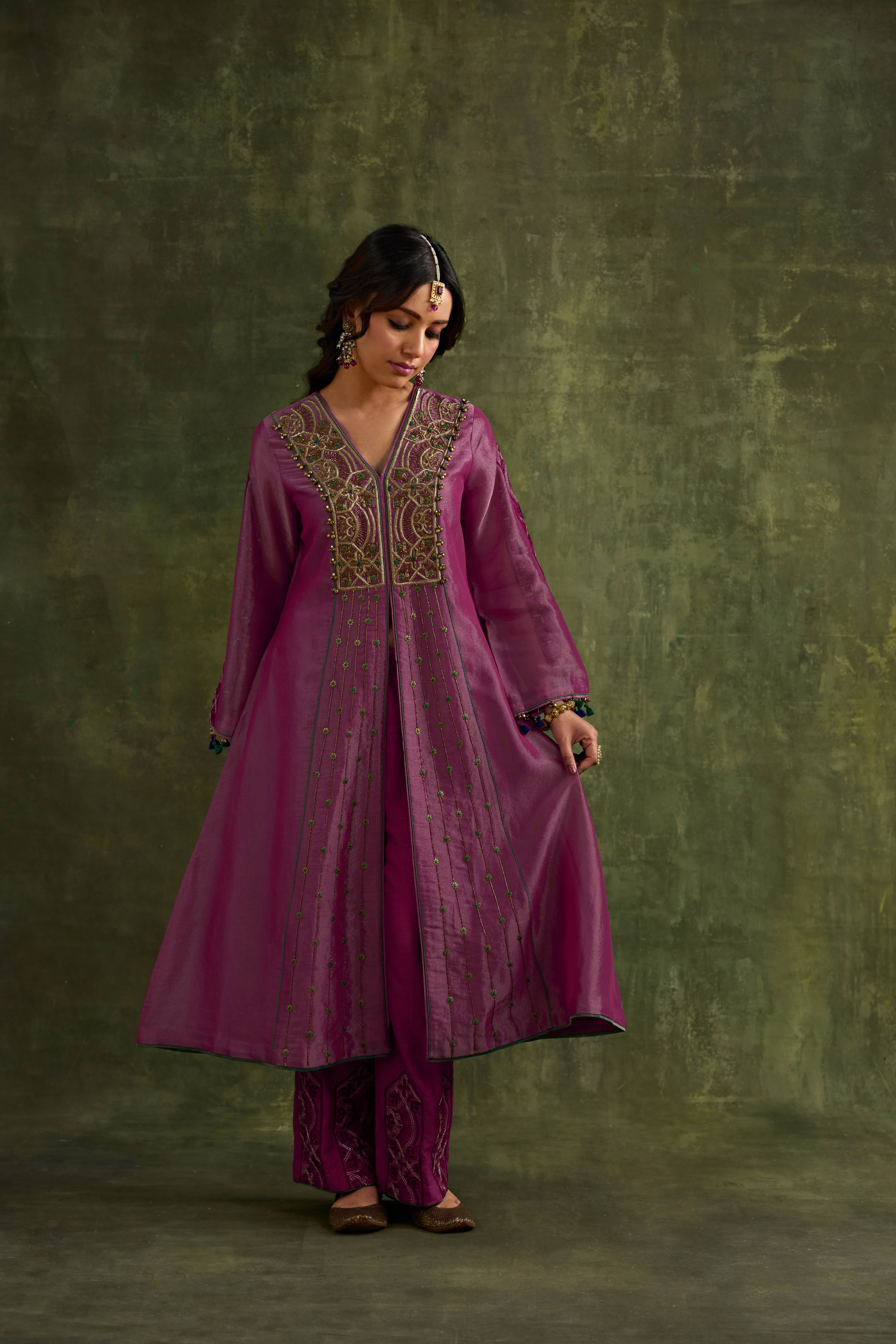 A model showcasing Hasrat Kalidar Tissue Suit Set Feature image by Nirvair from Nirvair's collection