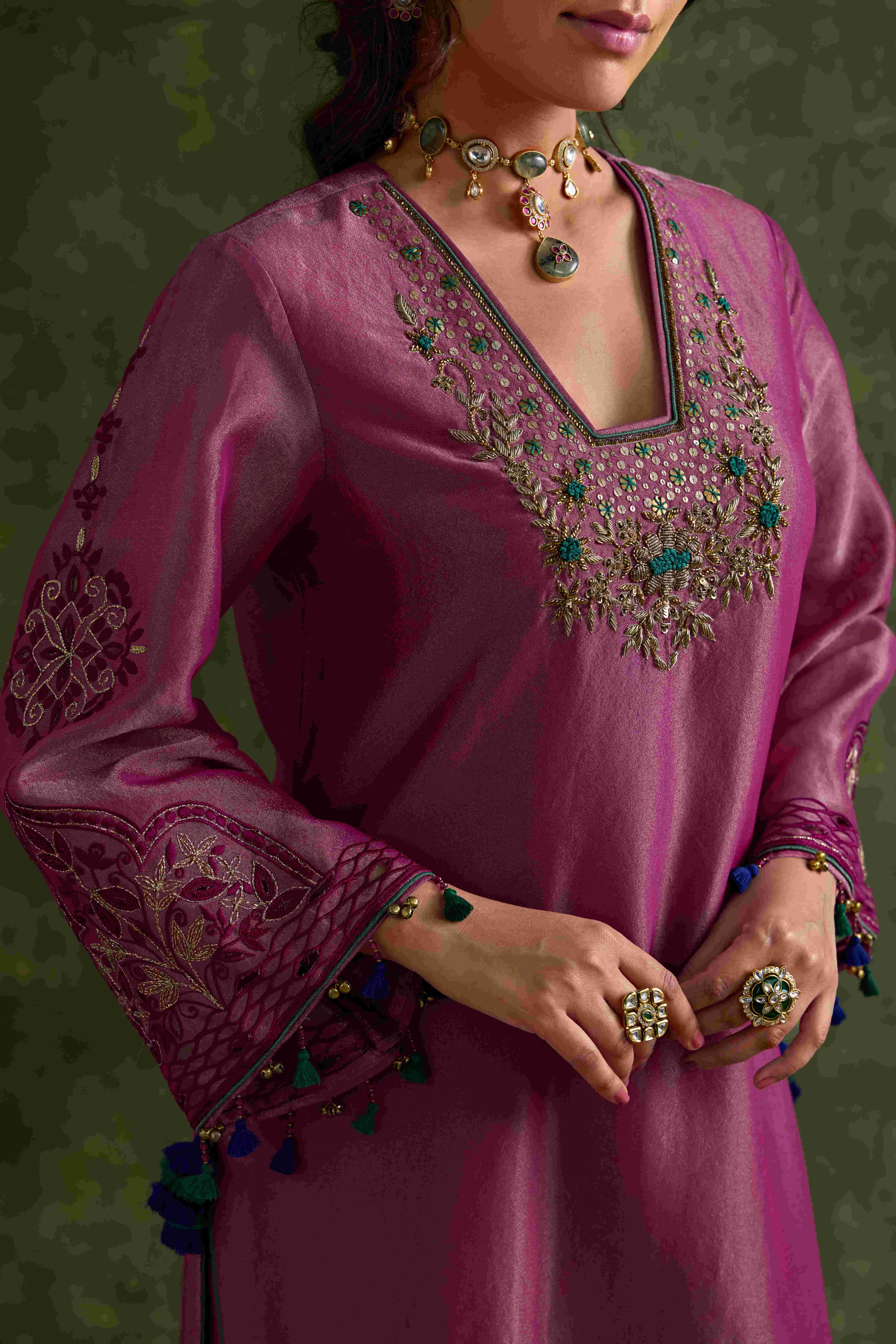 A model showcasing Prisha Pink Short Kurta Garara Set by Nirvair from Nirvair's collection
