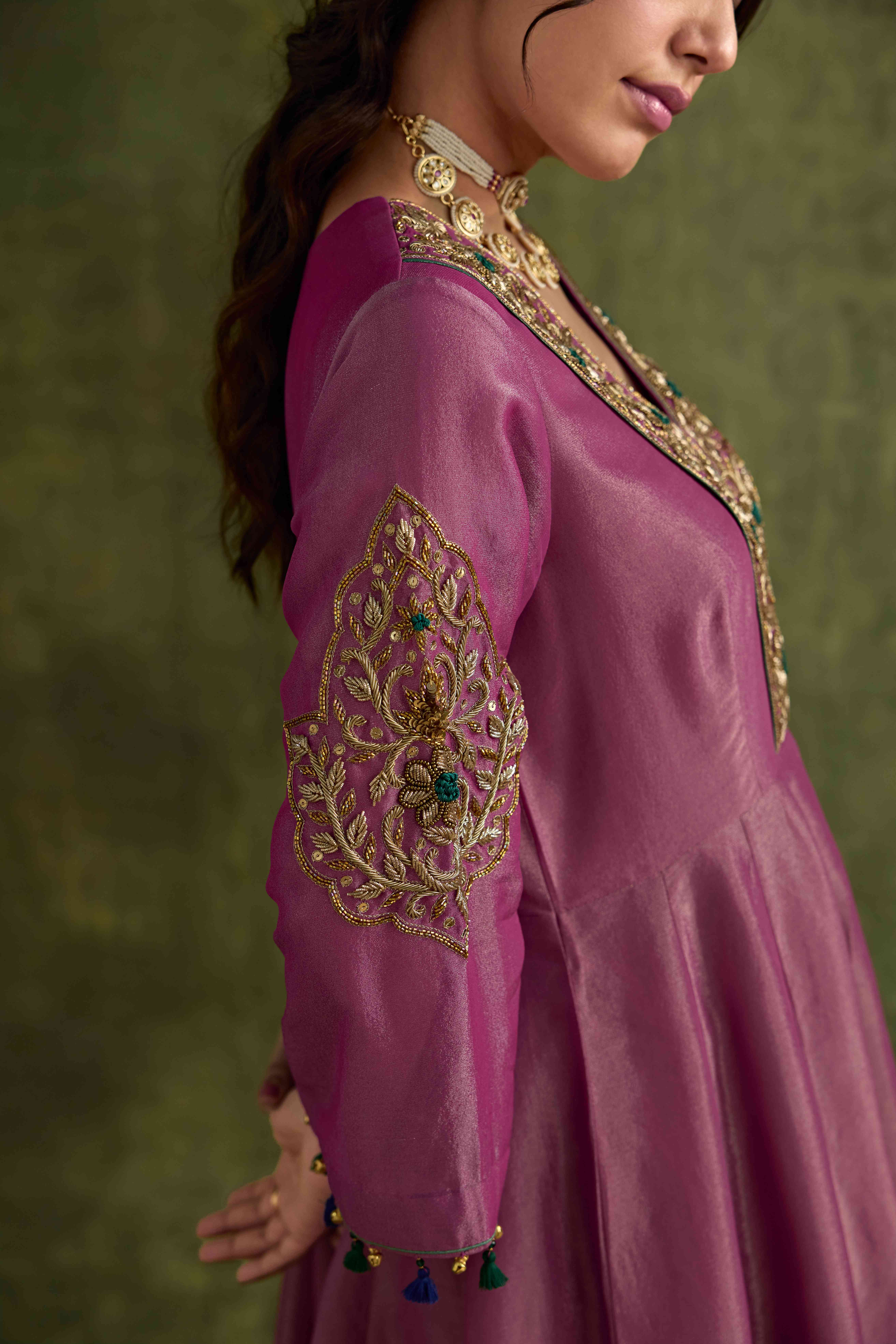 A model showcasing Amreen Tissue Anarkali Kurta Set by Nirvair from Nirvair's collection