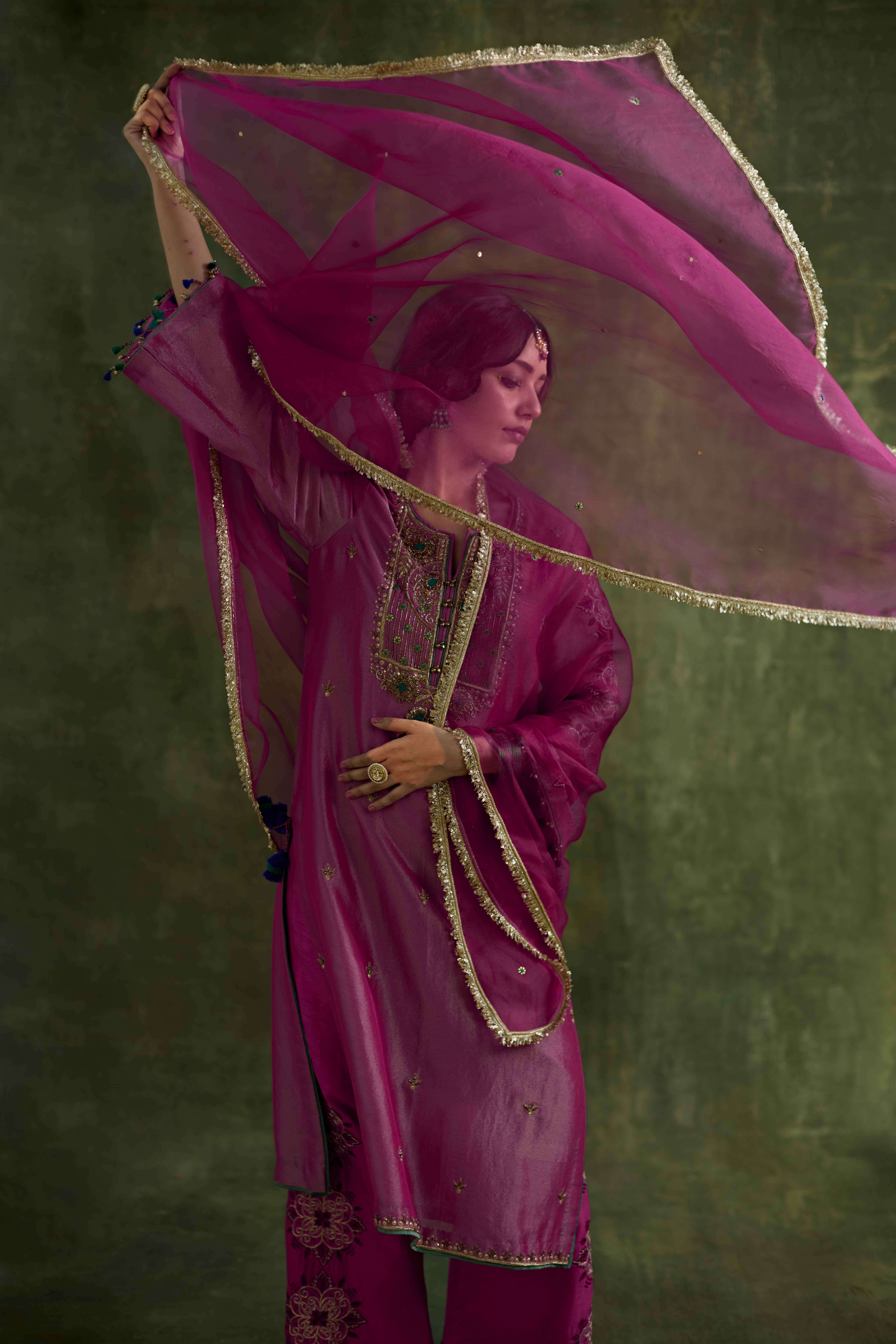 A model showcasing Anam Organza Dupatta by Nirvair from Nirvair's collection