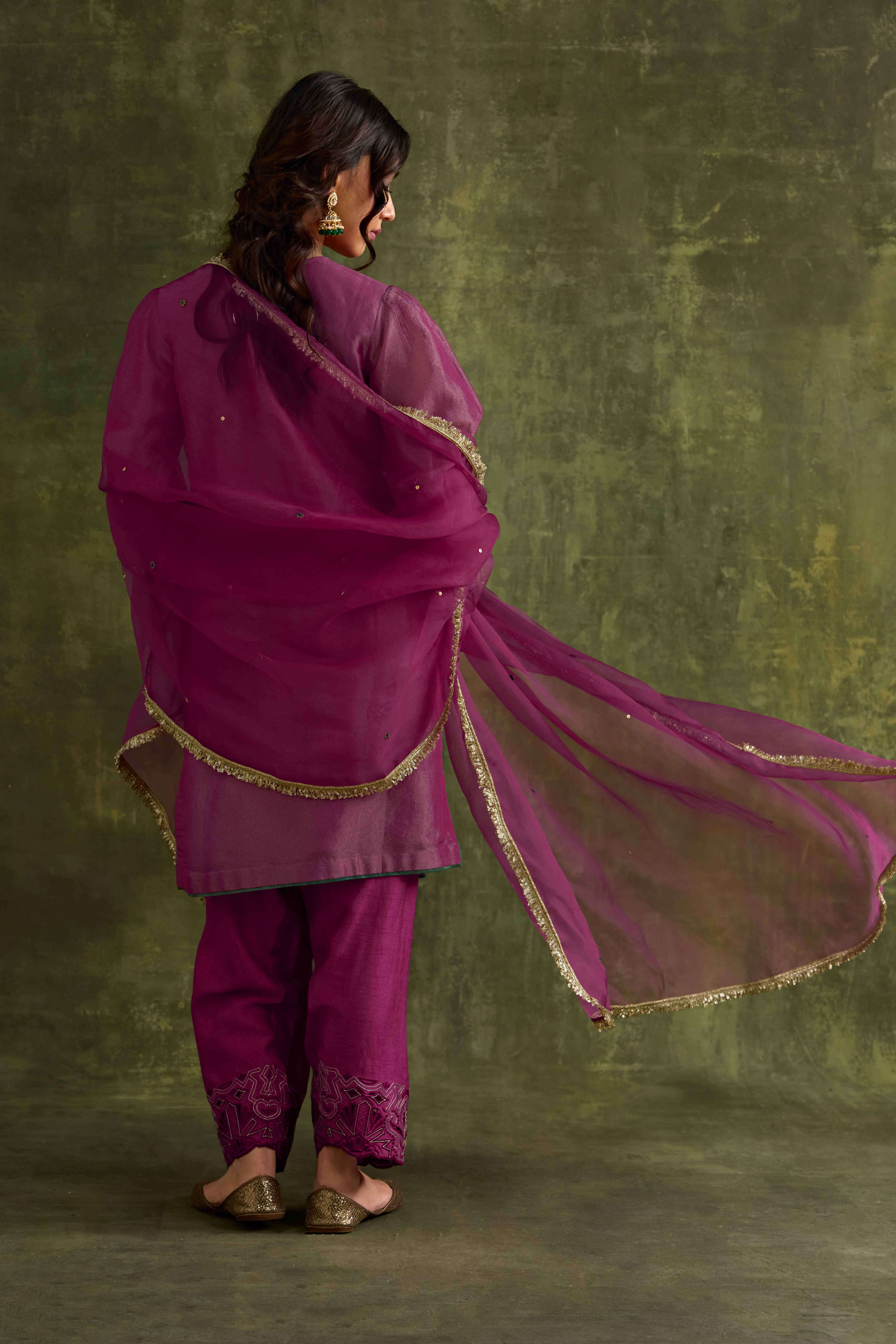 A model showcasing Heer Pink Organza Dupatta by Nirvair from Nirvair's collection A model showcasing Heer Pink Organza Dupatta by Nirvair from Nirvair's collection