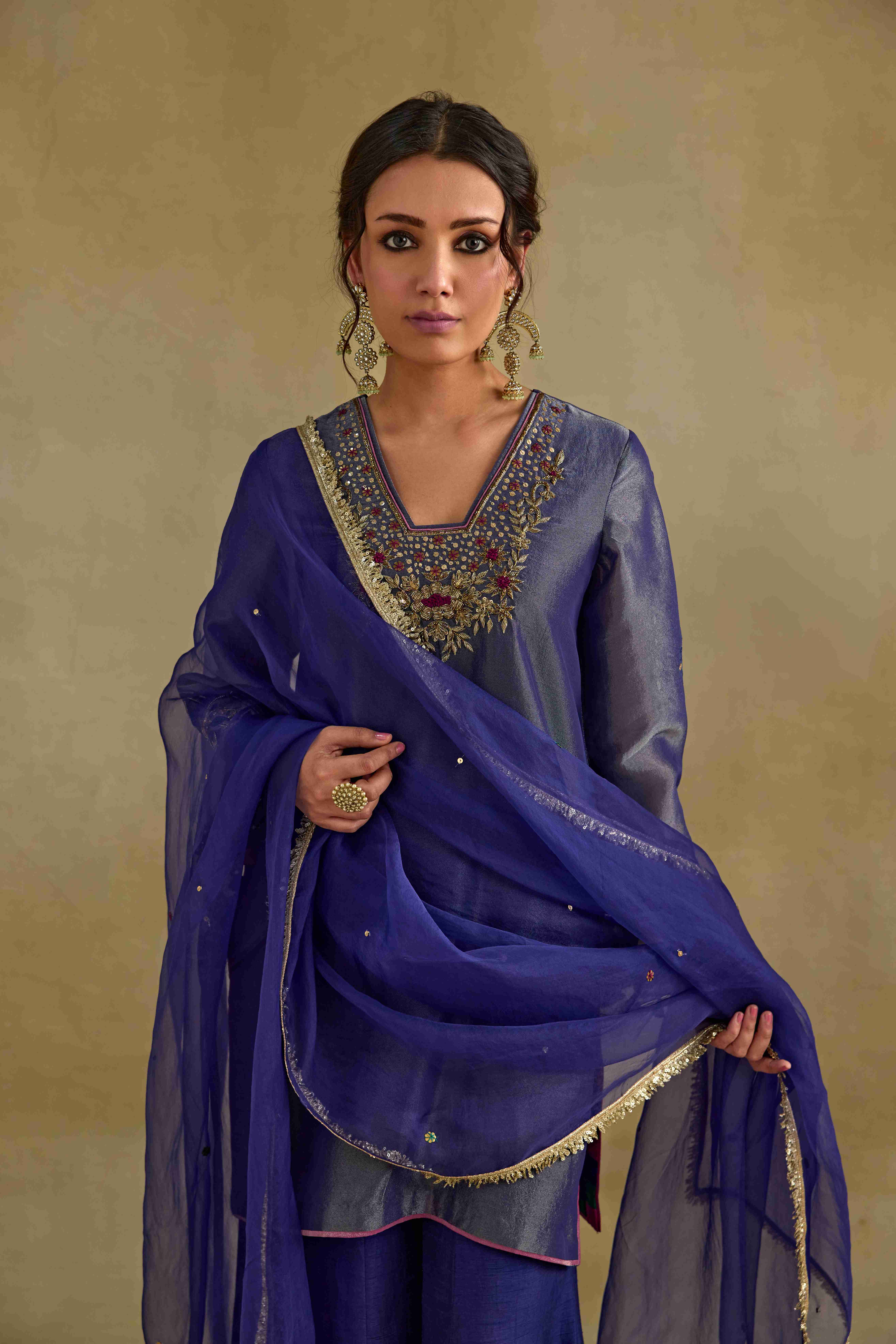 A model showcasing Prisha Blue Dupatta by Nirvair from Nirvair's collection