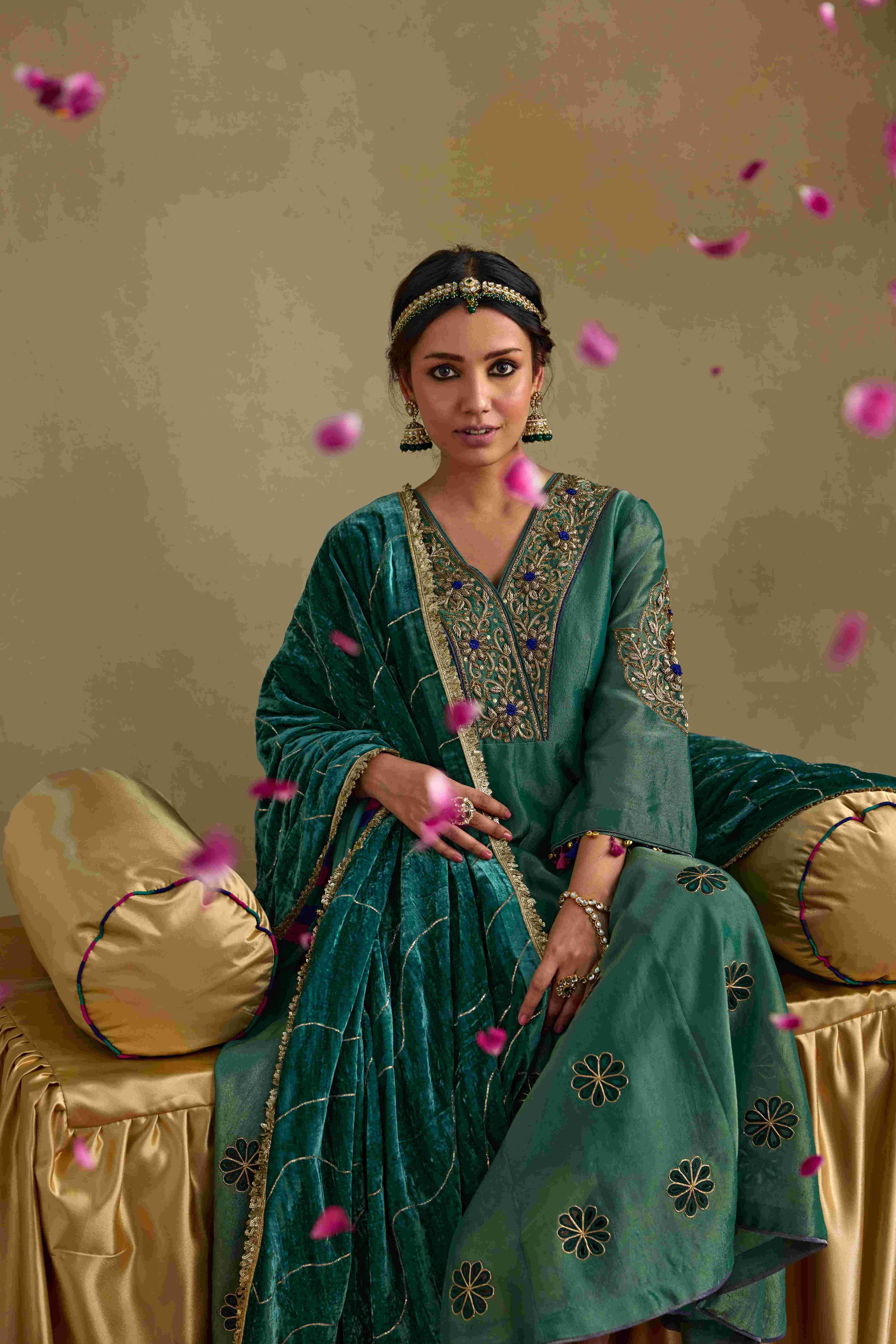 A model showcasing Amreen Green Doshala by Nirvair from Nirvair's collection A model showcasing Amreen Green Doshala by Nirvair from Nirvair's collection