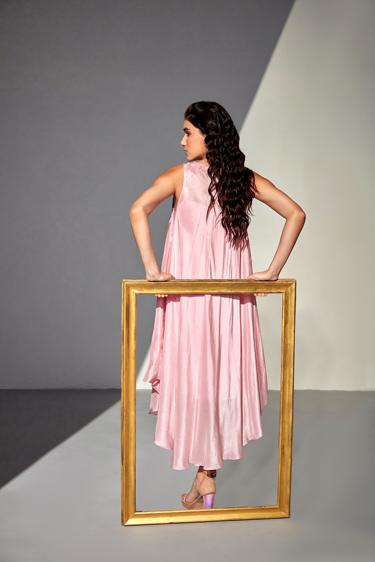 A model showcasing Morning Glory Silk Dress by Zilaire from Zilaire's collection