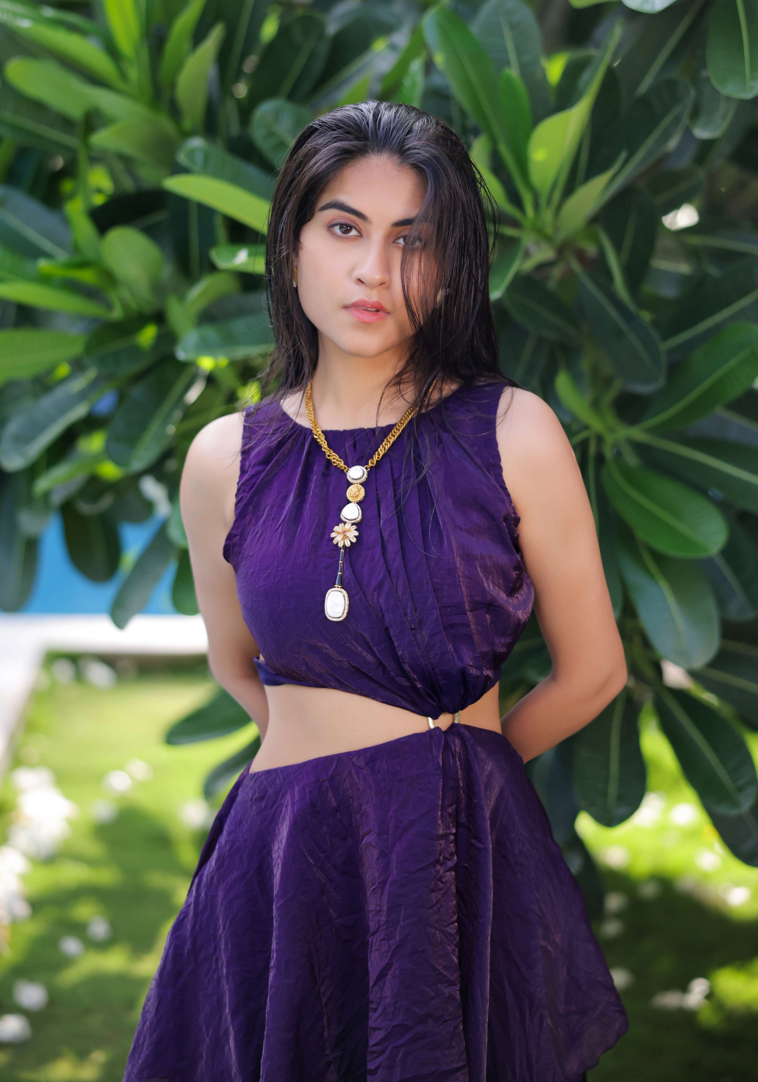 A model showcasing Purple Ruffle Maxi Dress by Foram Patel from Foram Patel's collection