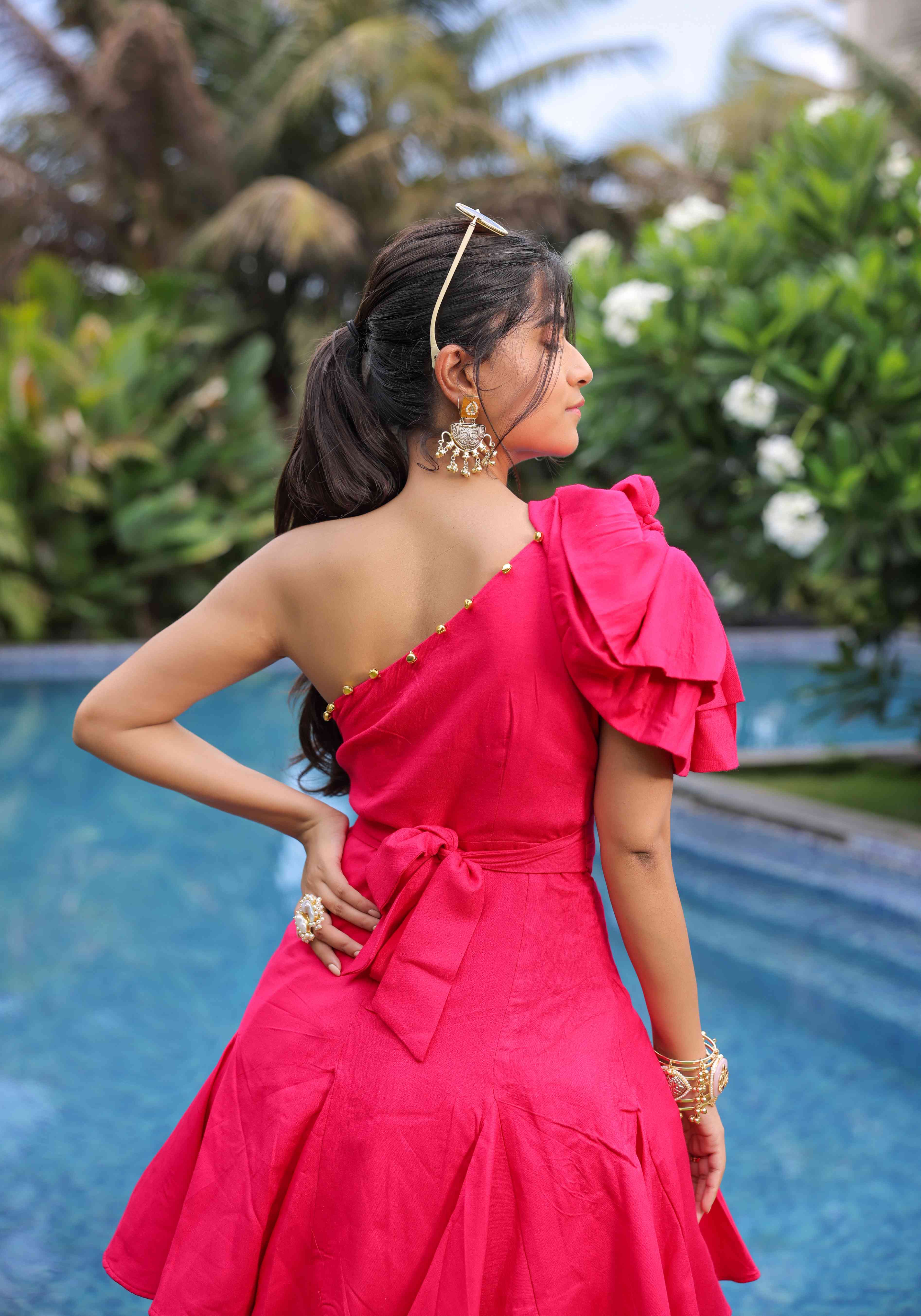 A model showcasing Pink One Shoulder Dress by Foram Patel from Foram Patel's collection