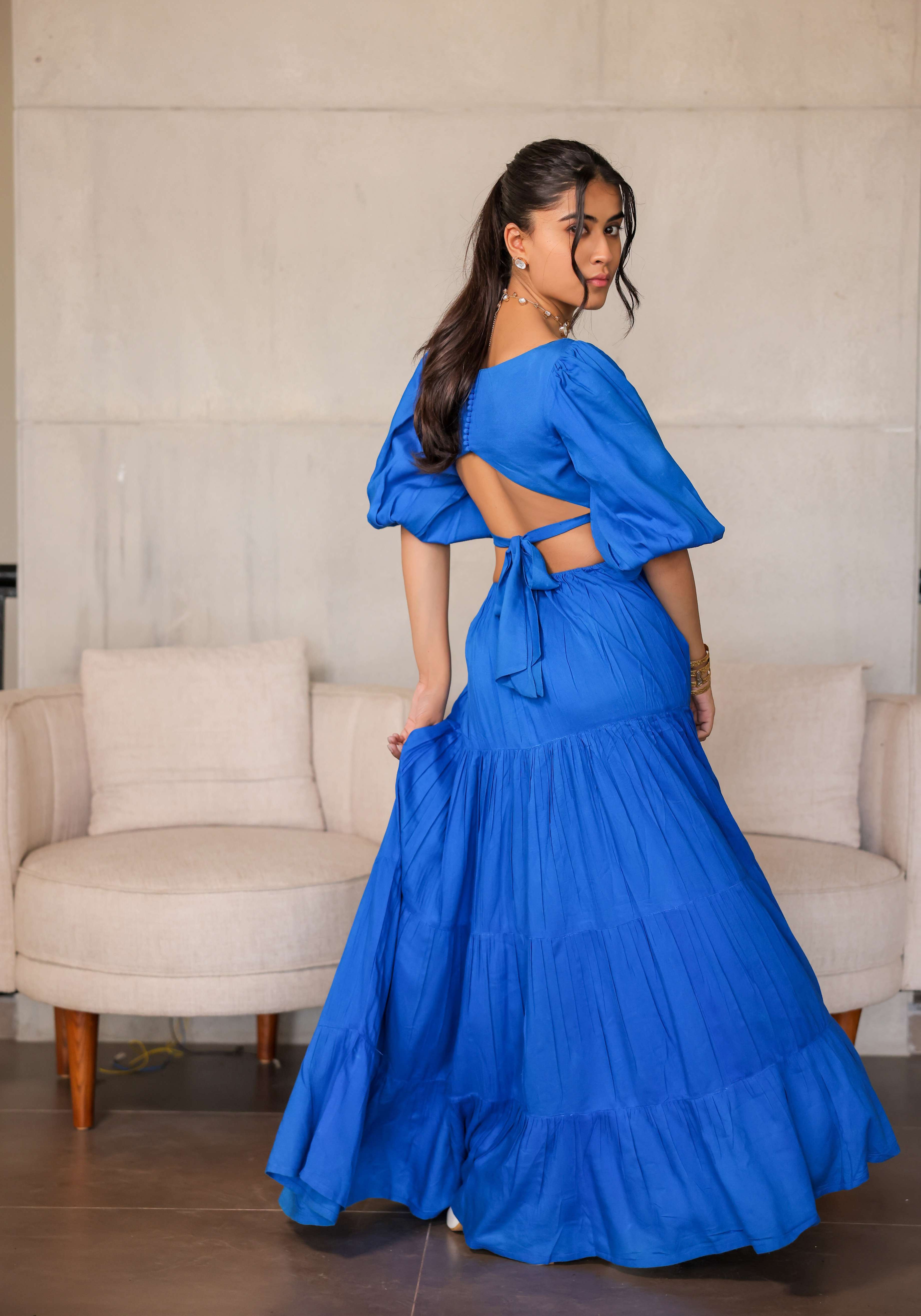 A model showcasing Electirc Blue Tiered Maxi Dress by Foram Patel from Foram Patel's collection