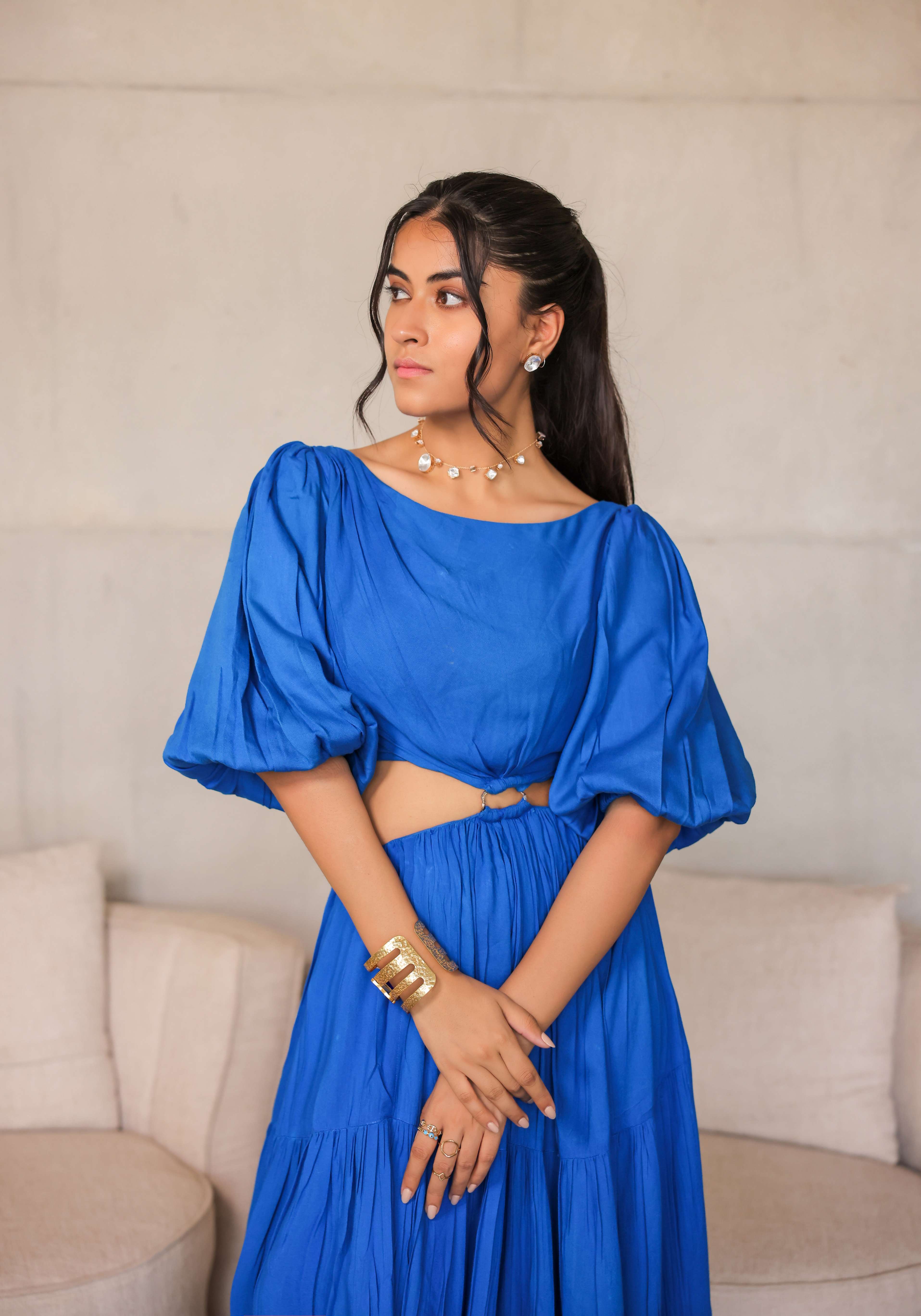 A model showcasing Electirc Blue Tiered Maxi Dress by Foram Patel from Foram Patel's collection