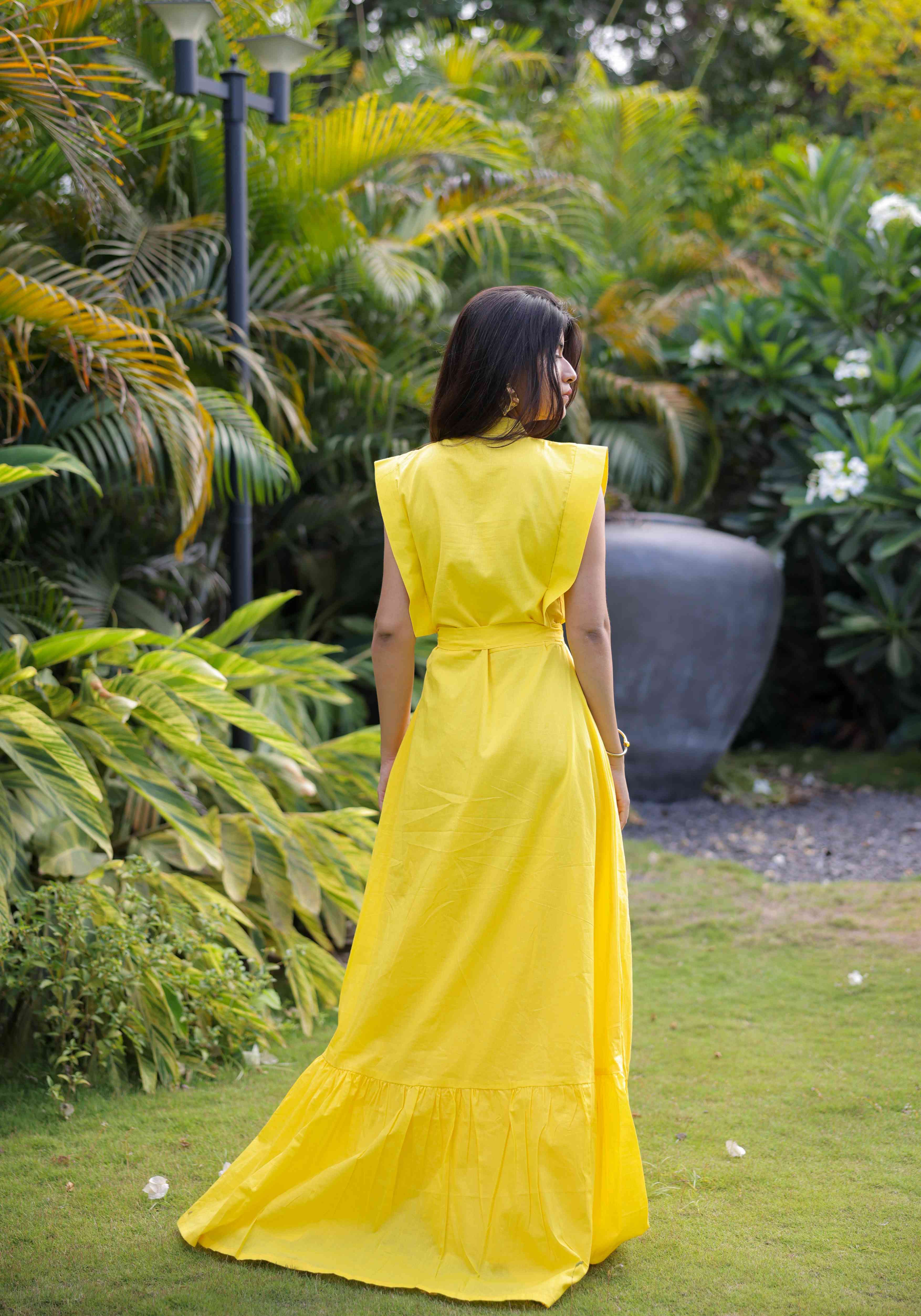 A model showcasing Yellow Maxi Dress by Foram Patel from Foram Patel's collection