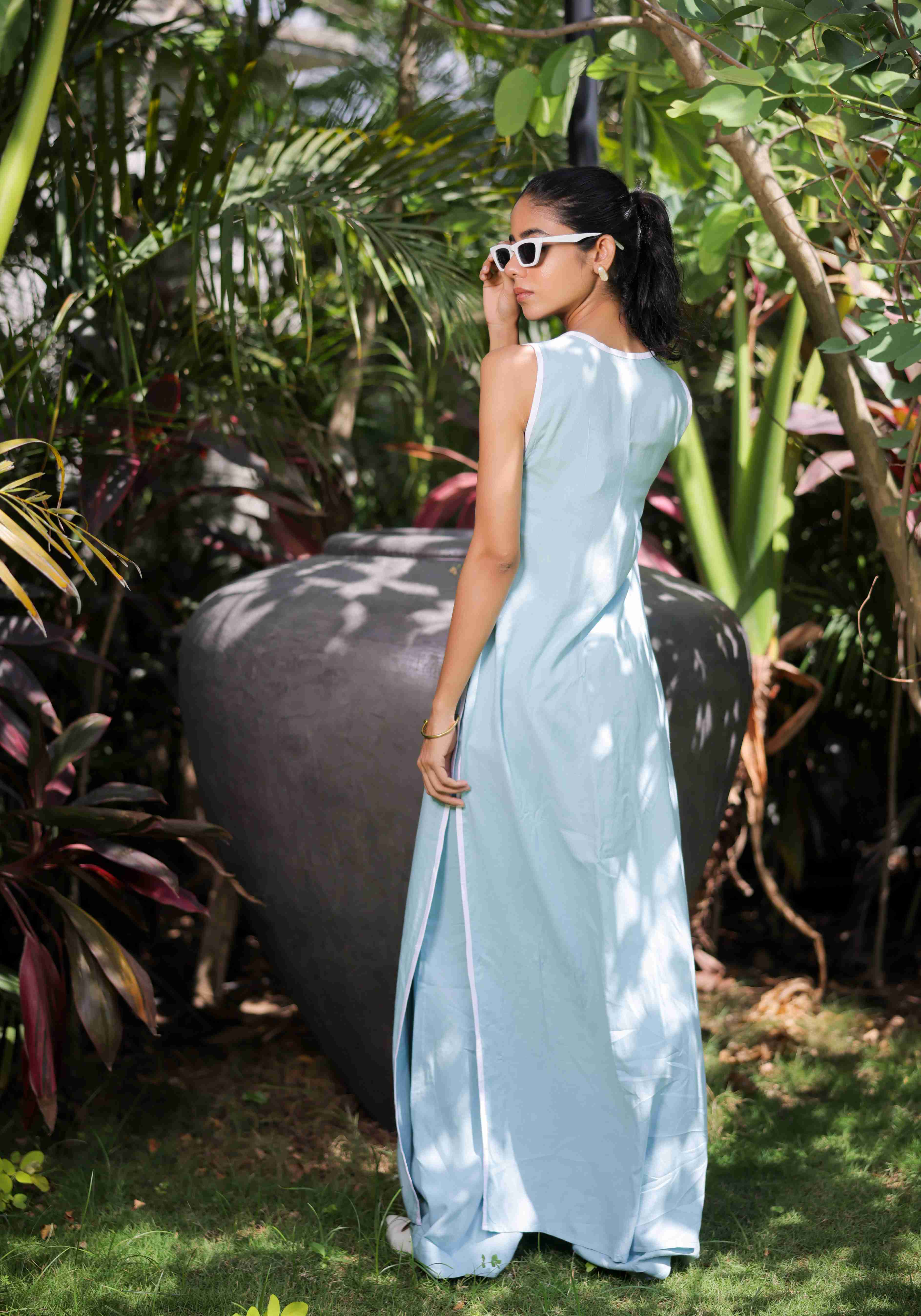 A model showcasing Sky Blue Cape Pant Set by Foram Patel from Foram Patel's collection