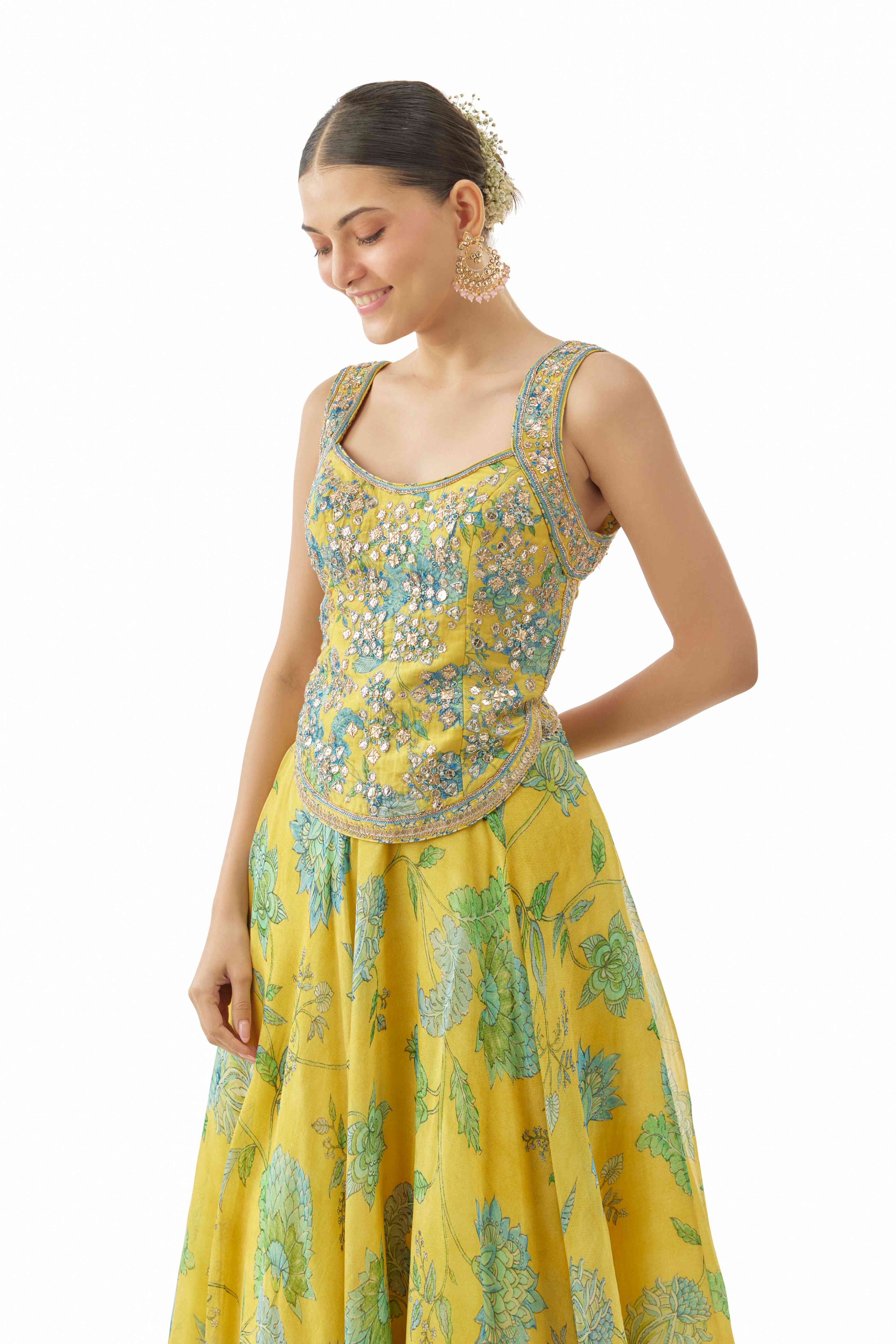 A model showcasing Zaira Yellow Lehenga Set by Gopi Vaid from Gopi Vaid's collection