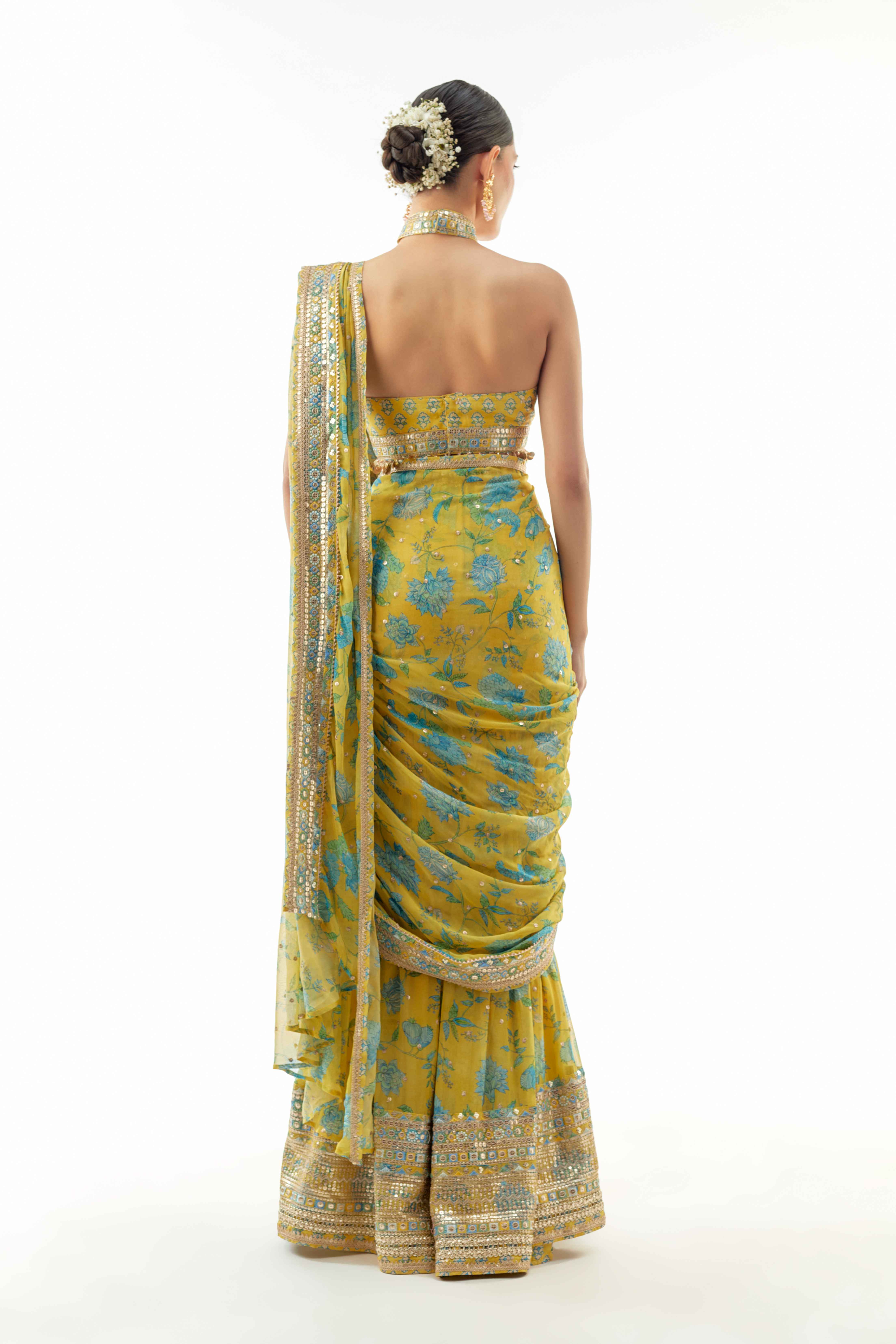 A model showcasing Pakhi Sharara Saree Set by Gopi Vaid from Gopi Vaid's collection