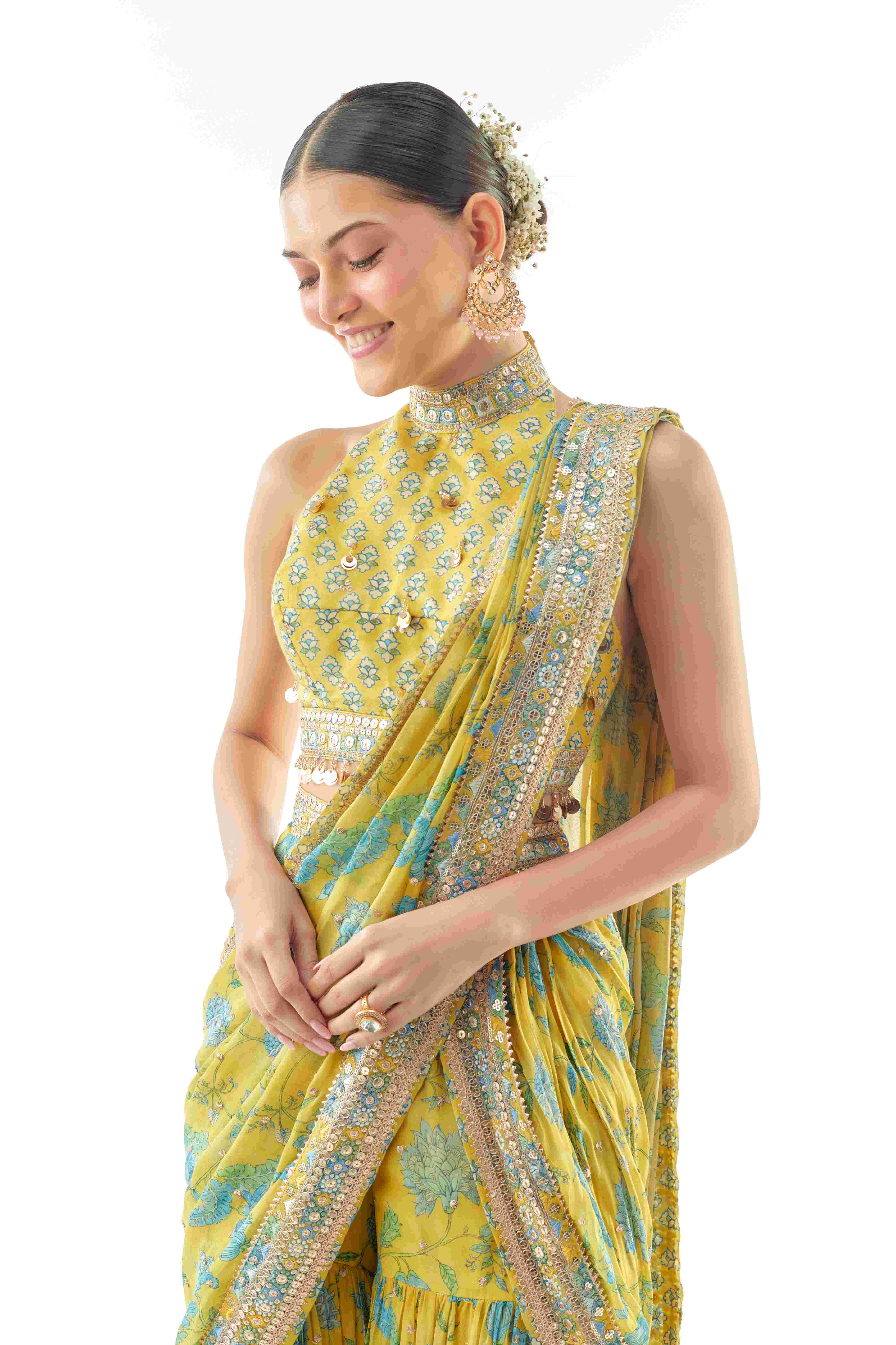 A model showcasing Pakhi Sharara Saree Set by Gopi Vaid from Gopi Vaid's collection