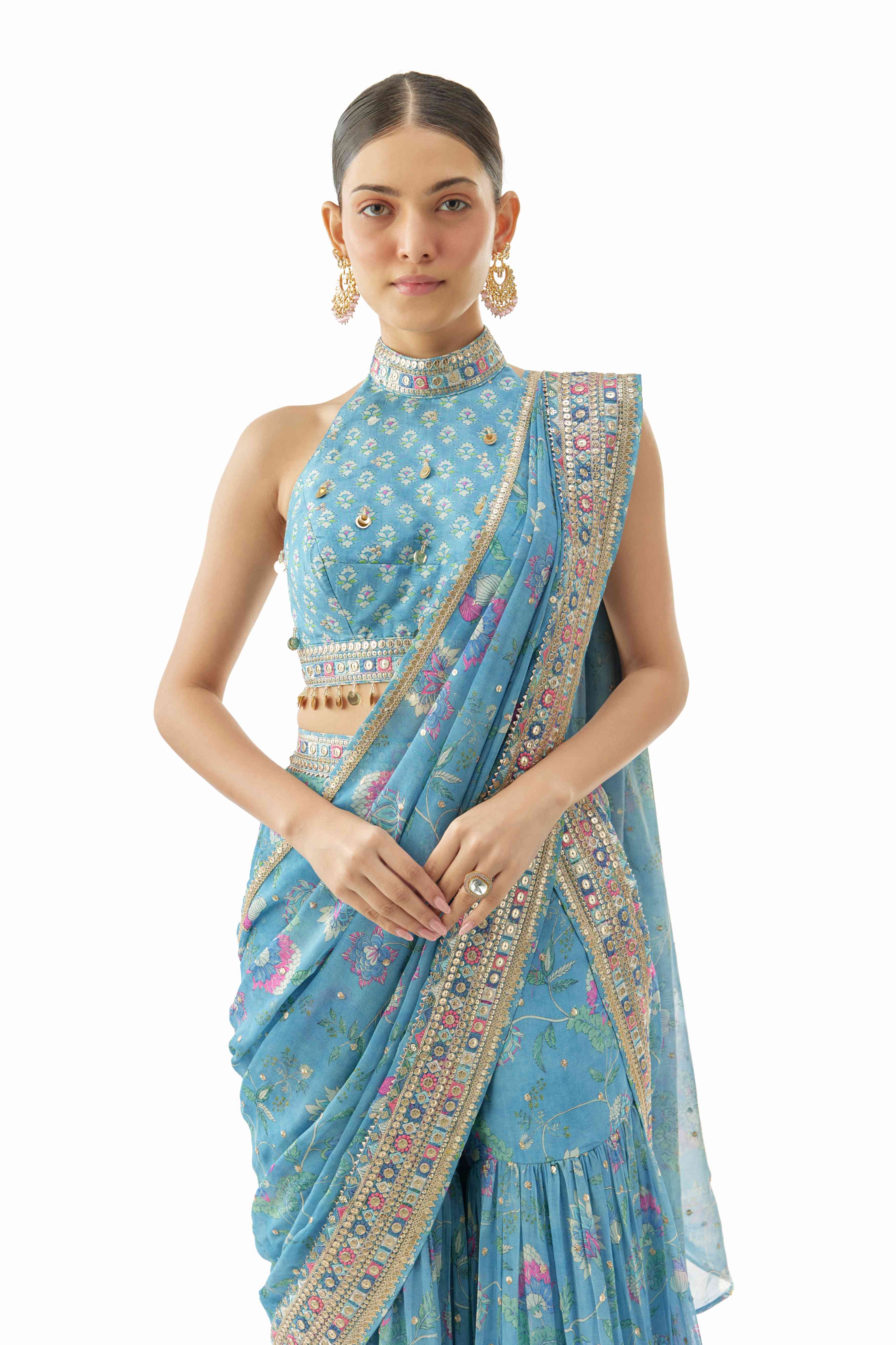 A model showcasing Pakhi Georgette Sharara Saree Set by Gopi Vaid from Gopi Vaid's collection