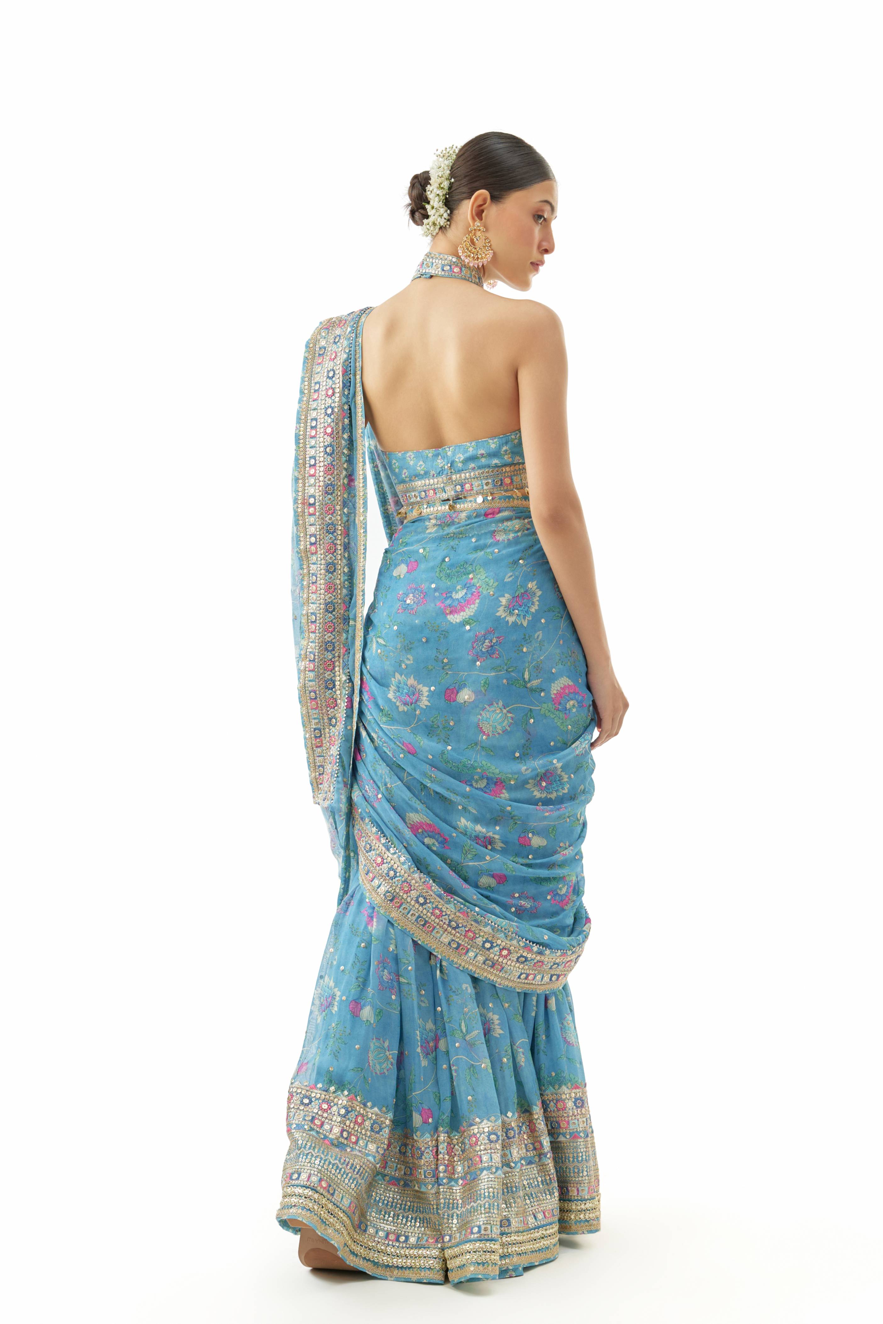 A model showcasing Pakhi Georgette Sharara Saree Set by Gopi Vaid from Gopi Vaid's collection