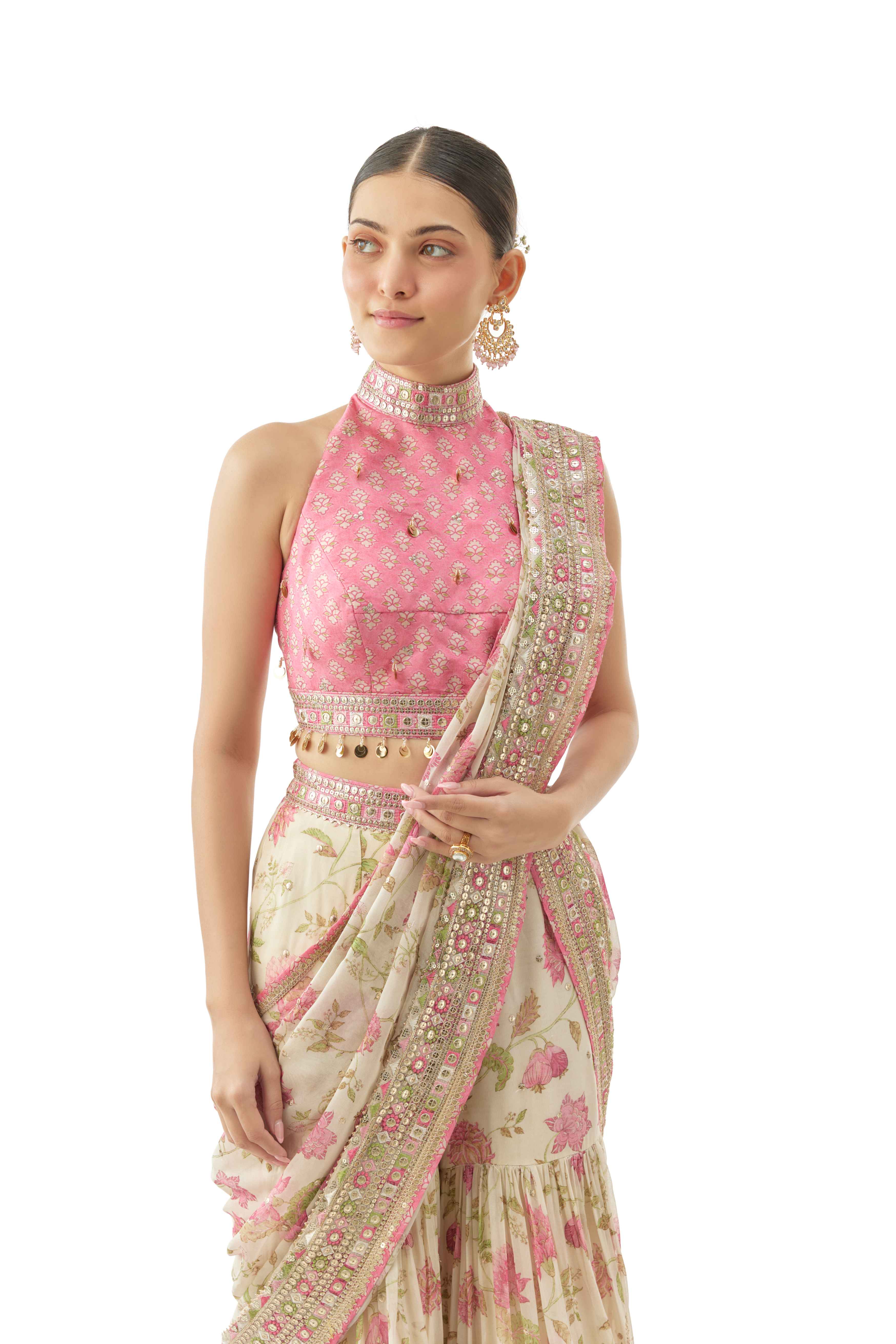A model showcasing Pakhi Ivory Sharara Saree Set by Gopi Vaid from Gopi Vaid's collection