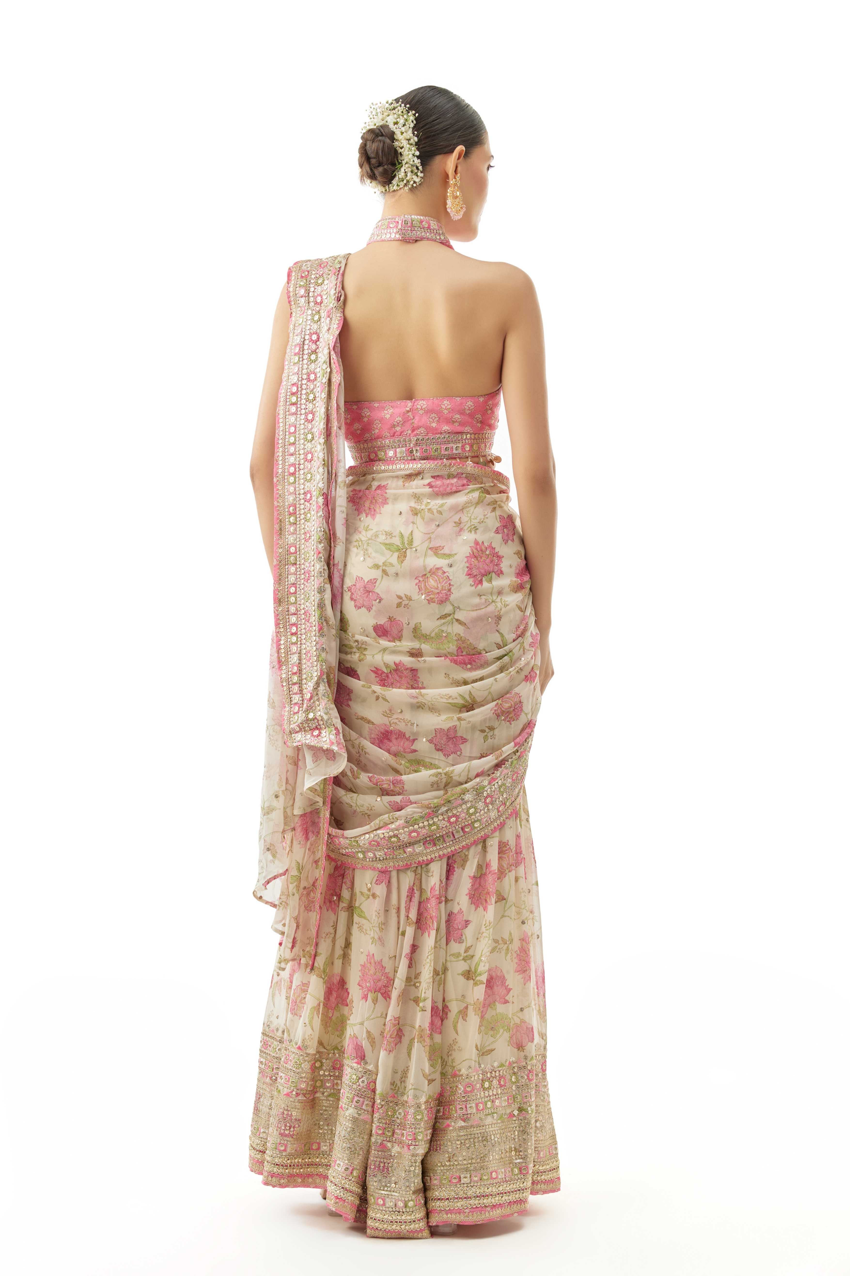 A model showcasing Pakhi Ivory Sharara Saree Set by Gopi Vaid from Gopi Vaid's collection